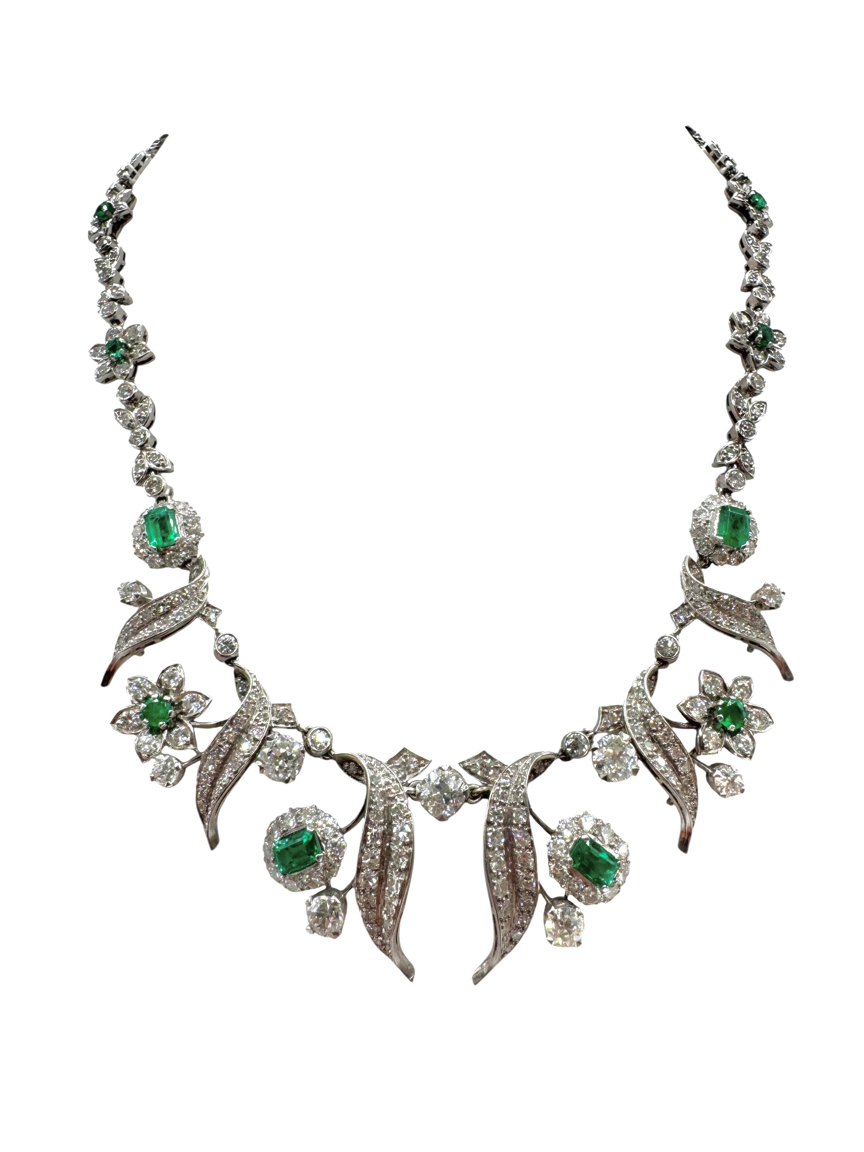 Platinum Art Deco Emerald and Diamond Foliate Necklace For Sale 5