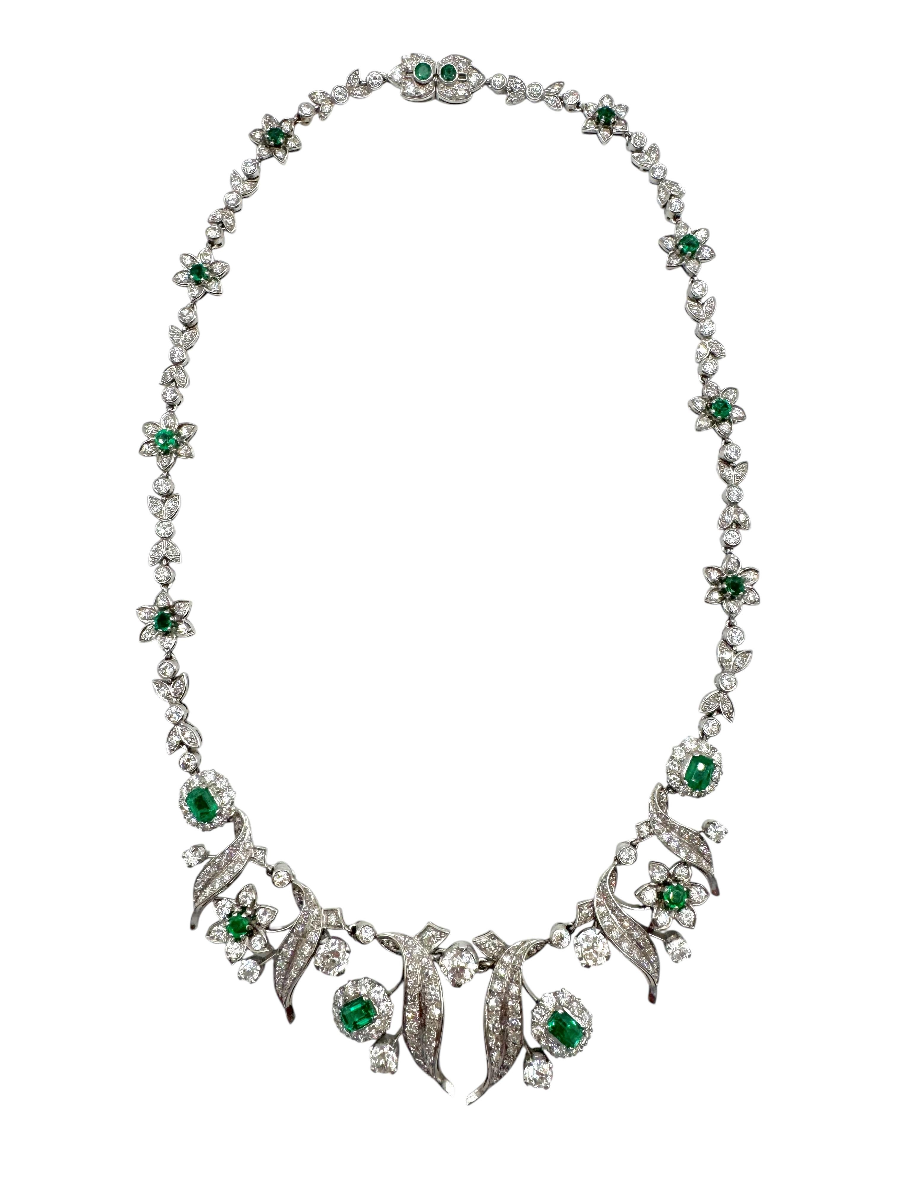 Platinum Art Deco Emerald and Diamond Foliate Necklace For Sale 6