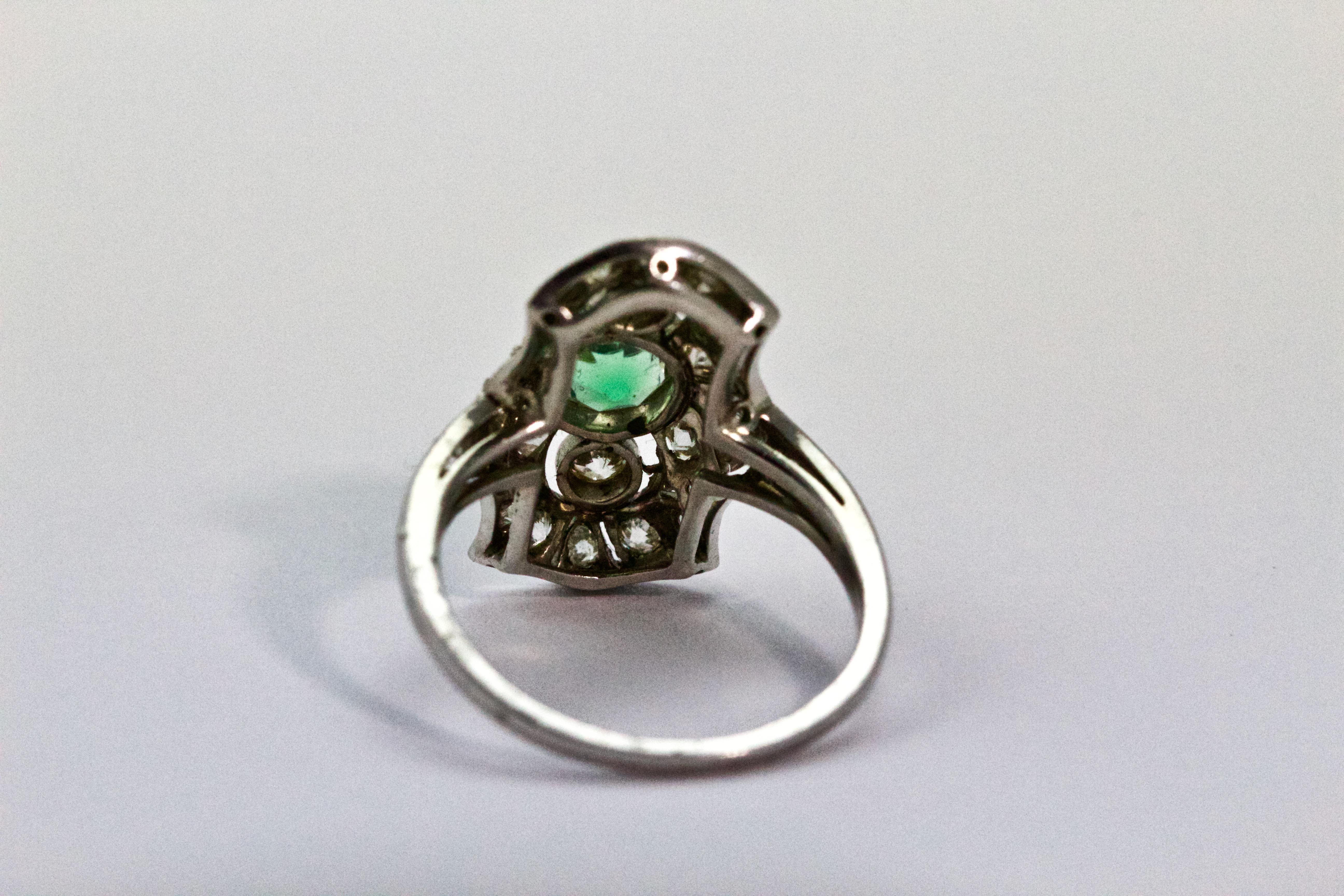 Old European Cut Platinum Art Deco Emerald and Diamond Panel Ring