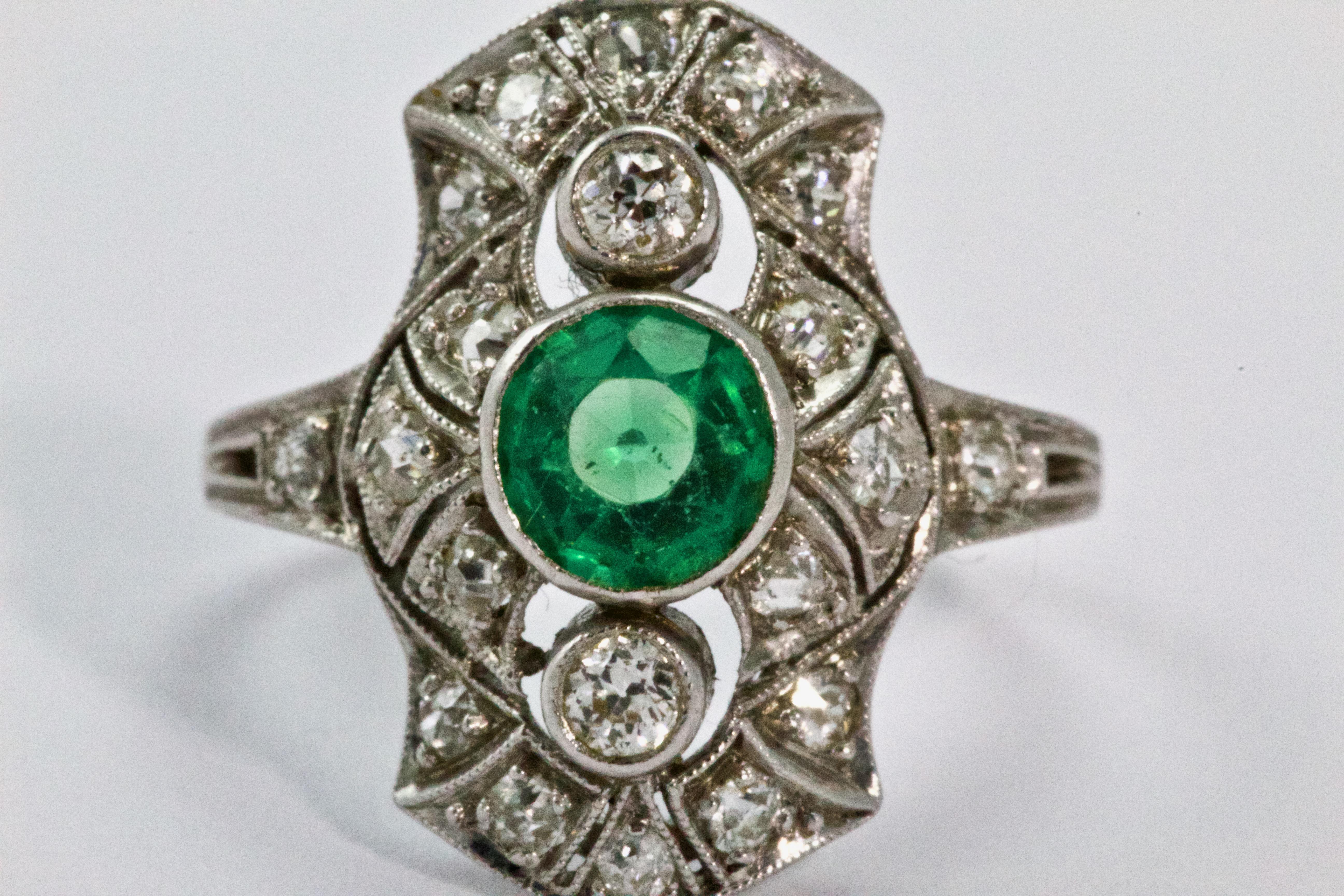 Platinum Art Deco Emerald and Diamond Panel Ring In Excellent Condition In Chipping Campden, GB