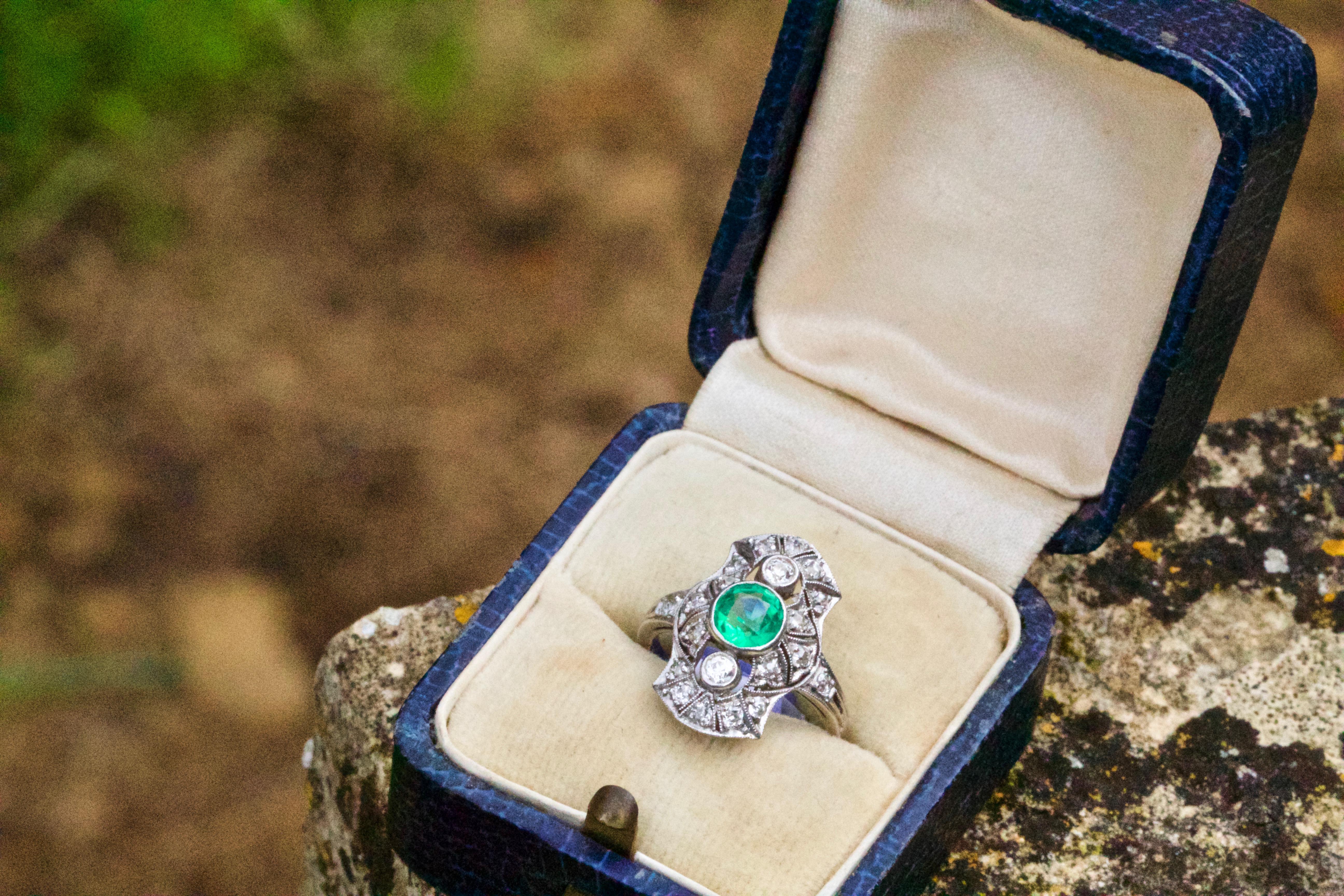Women's or Men's Platinum Art Deco Emerald and Diamond Panel Ring