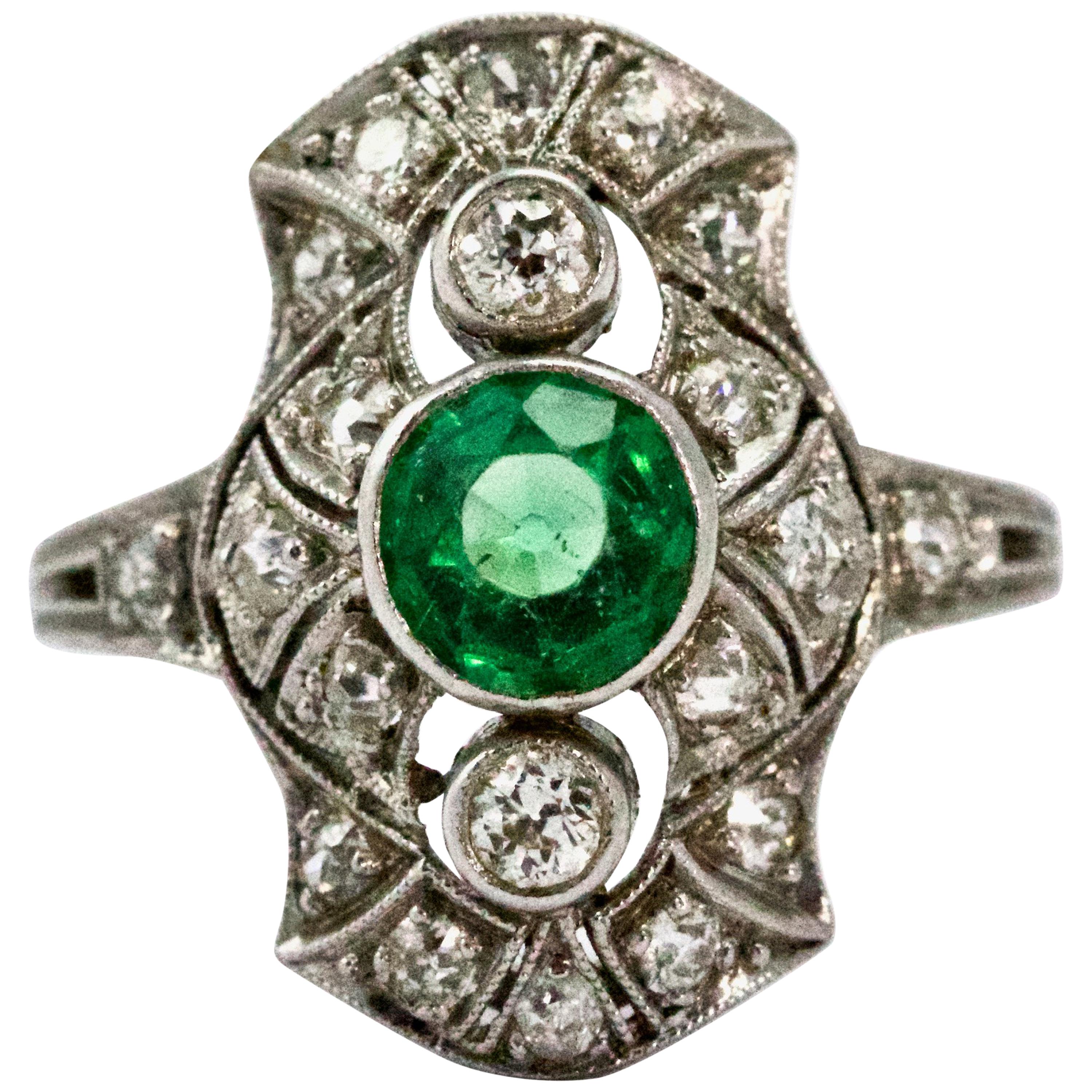 Platinum Art Deco Emerald and Diamond Panel Ring