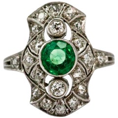 Antique Platinum Art Deco Emerald and Diamond Panel Ring