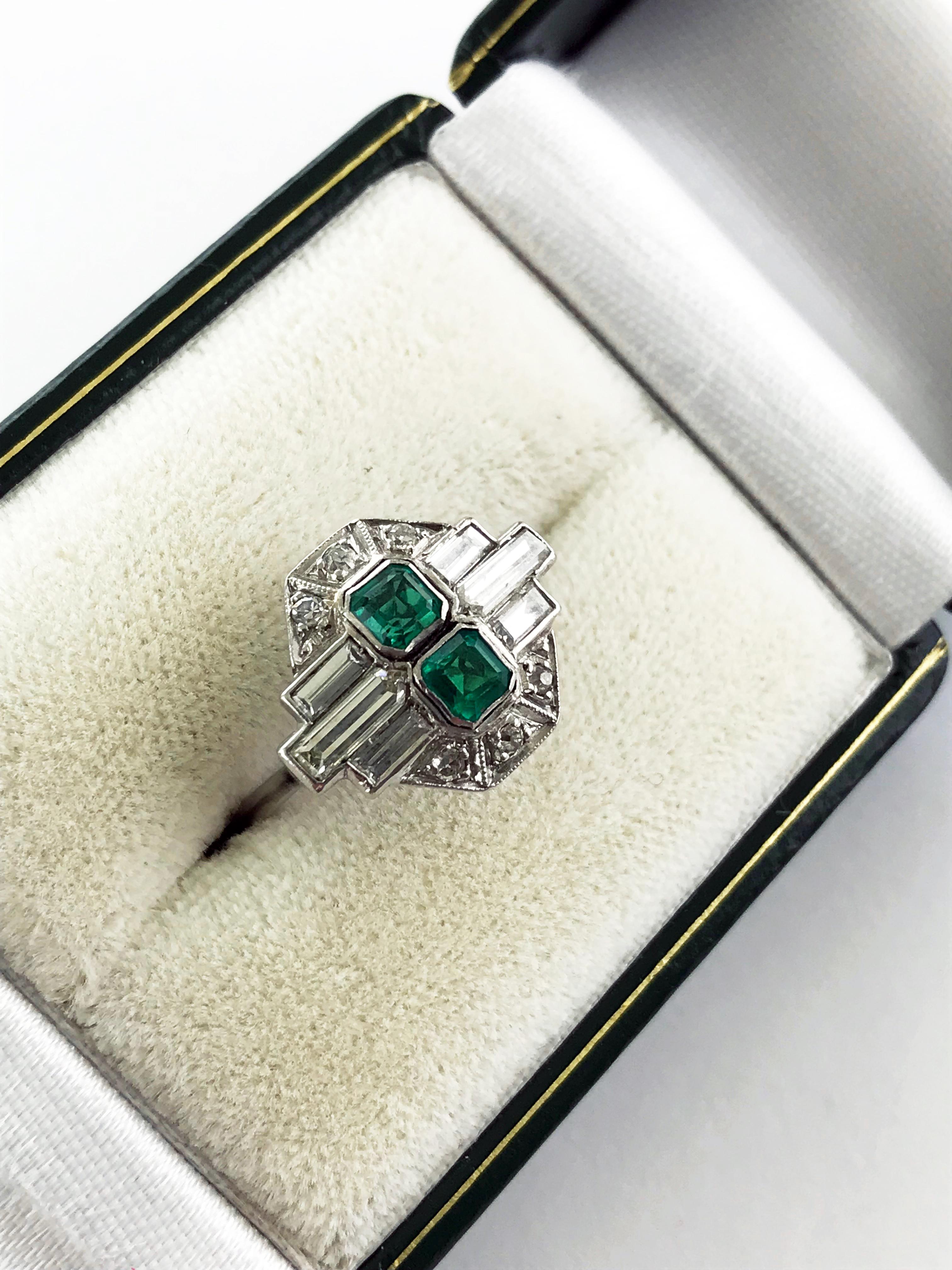 Emerald Cut Platinum Art Deco Emerald and Diamond Ring, circa 1920