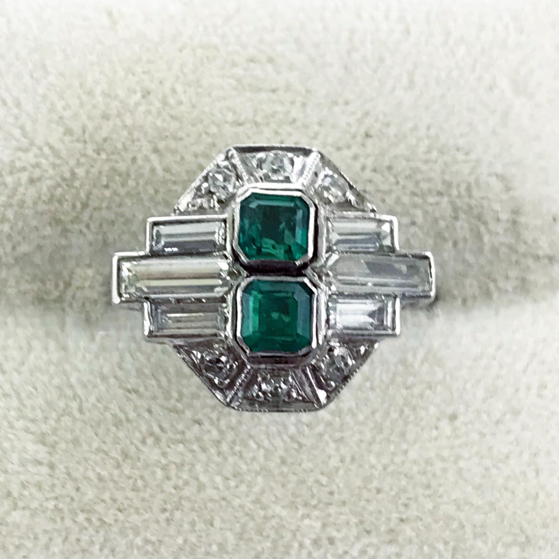 Women's Platinum Art Deco Emerald and Diamond Ring, circa 1920