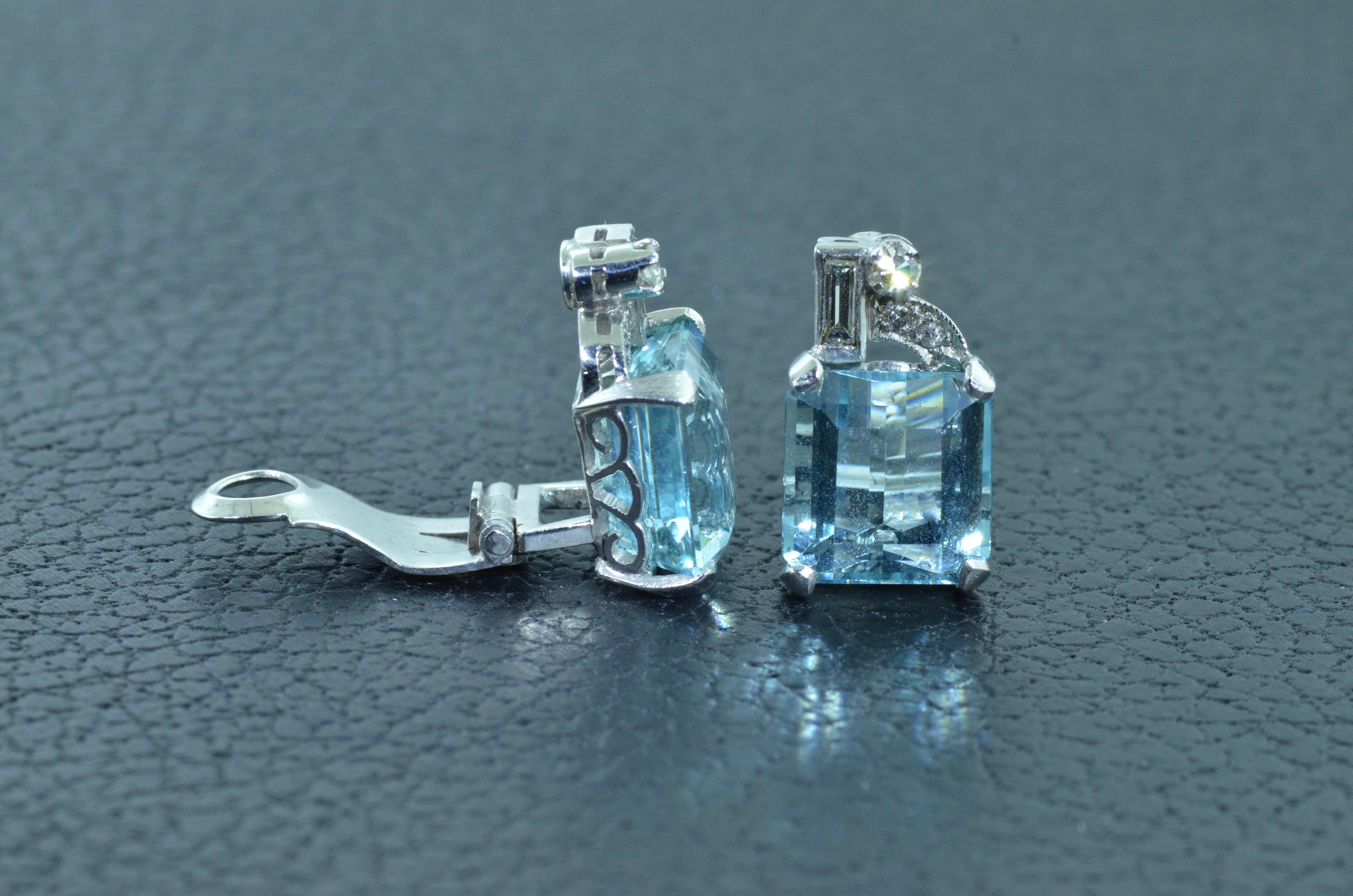 Women's Platinum Art Deco Emerald Cut 10 Carat Aquamarine Clip Earrings with Diamonds For Sale