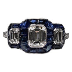Platinum Art Deco Emerald Cut Diamond and Sapphire Ring Vintage Estate