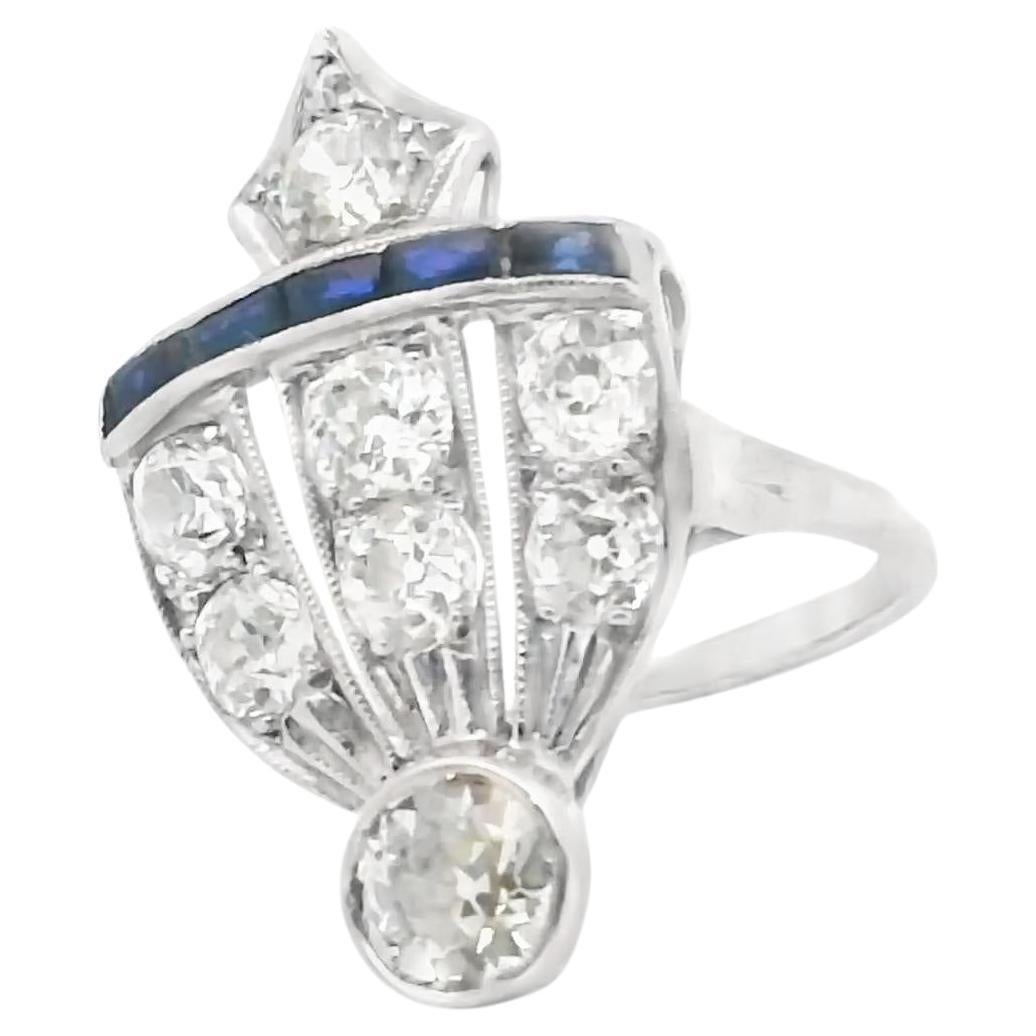 Anello a ventaglio in platino Art Deco con diamanti e zaffiri, anni 
30