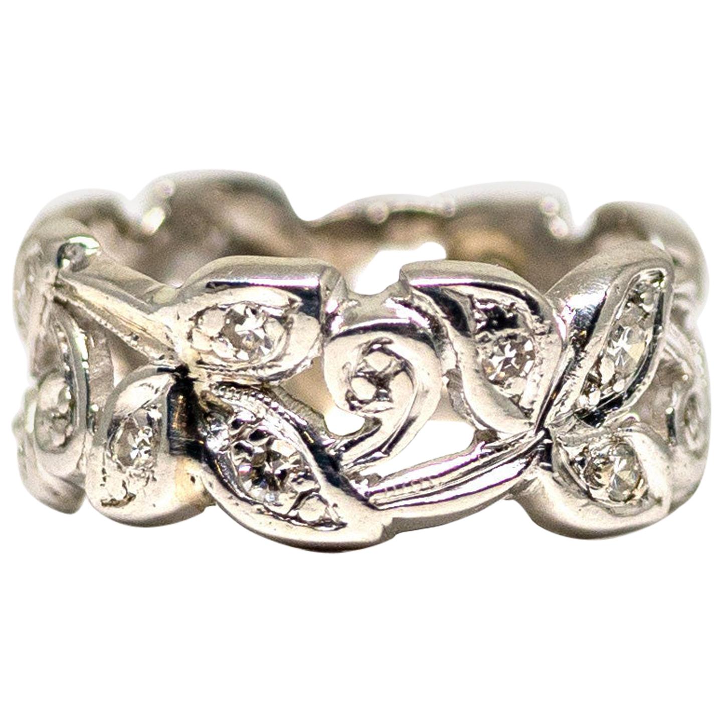 Platinum Art Deco Floral Motif 0.52 Carat Diamond Eternity Band, circa 1940s