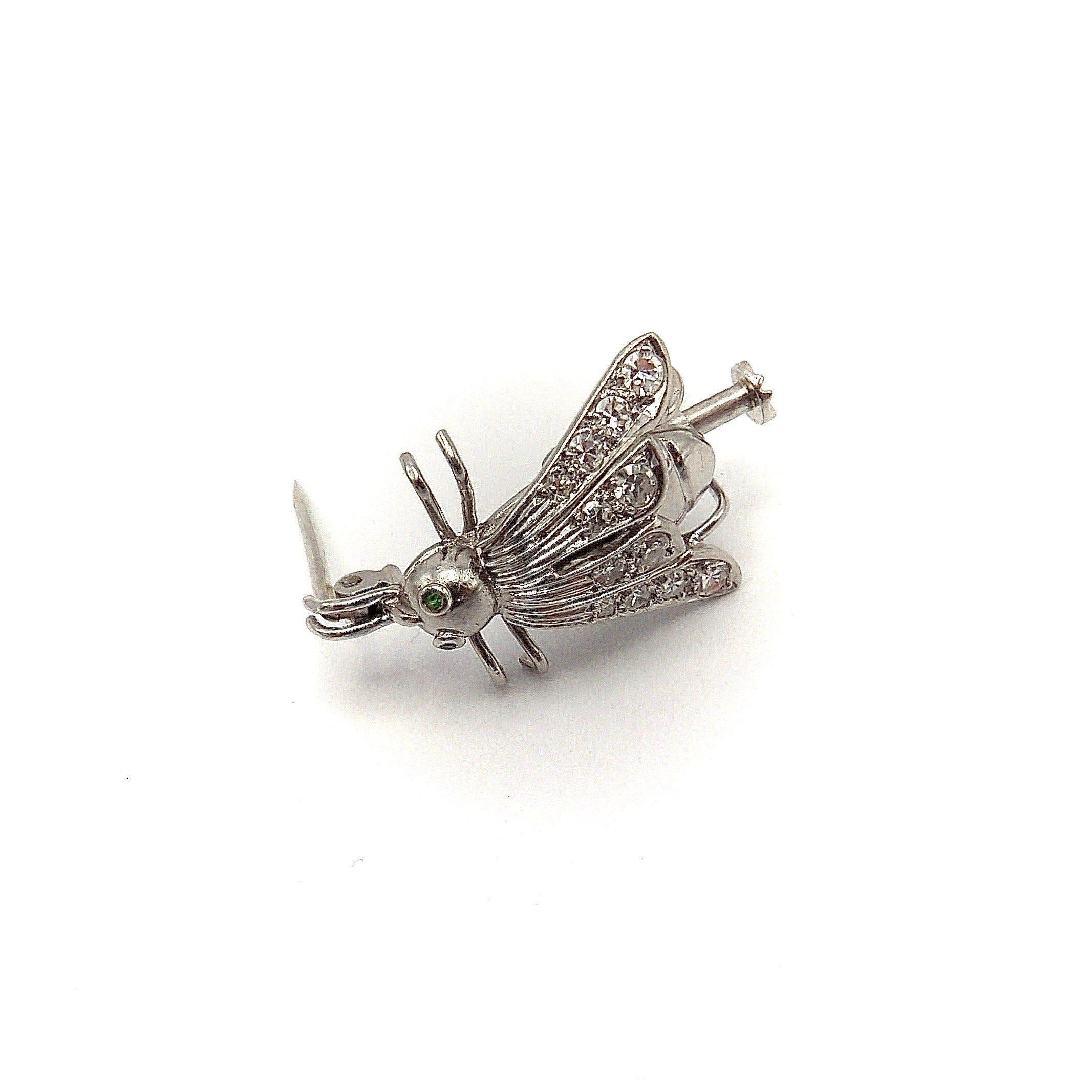 Women's or Men's Platinum Art Deco Fly Pin with Emeralds and Diamonds