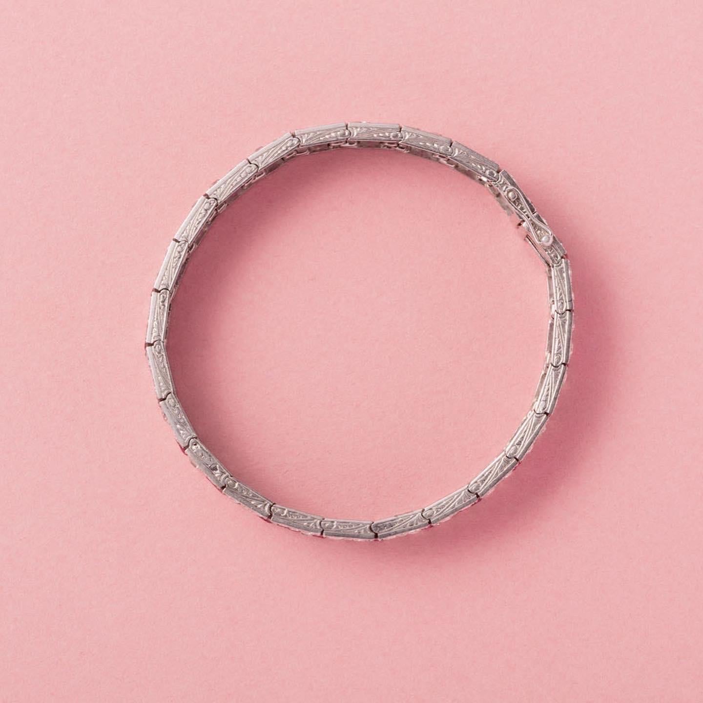 Women's or Men's Platinum Art Deco French bracelet with diamonds and rubies For Sale