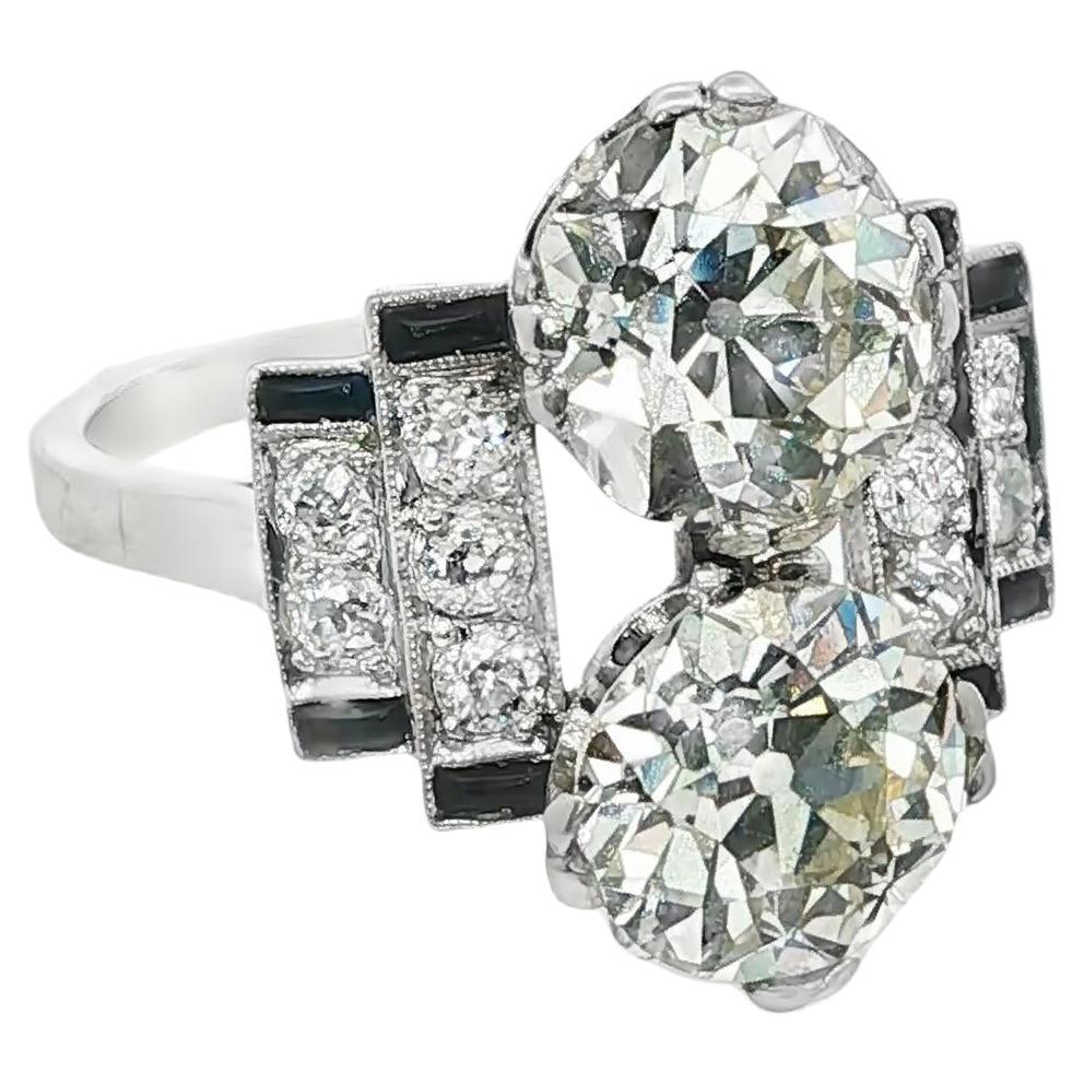 Platinum Art Deco French Bypass Onyx Diamond Ring en venta