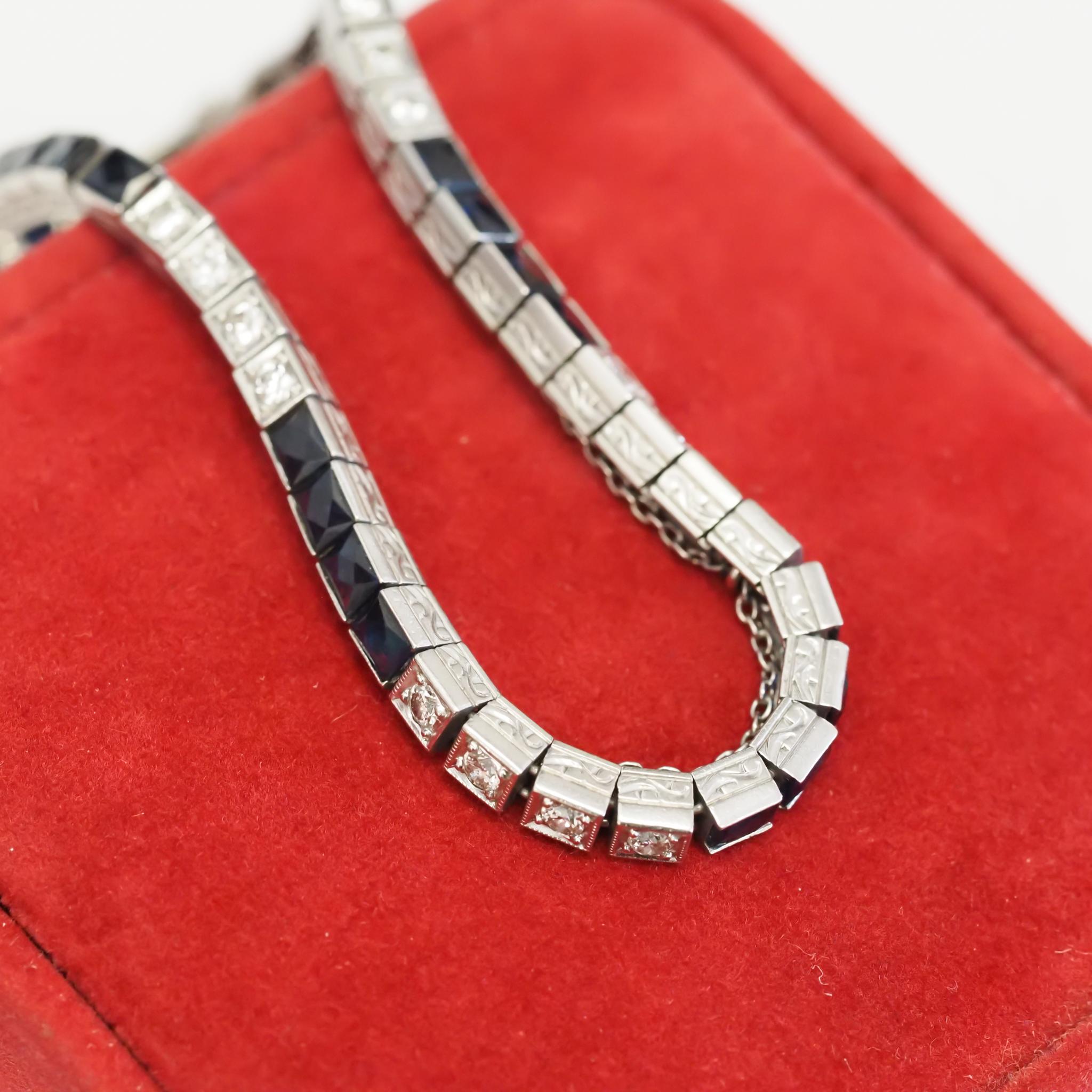 Platin Art Deco Französischer Schliff Saphir und Diamant Tennisarmband 6