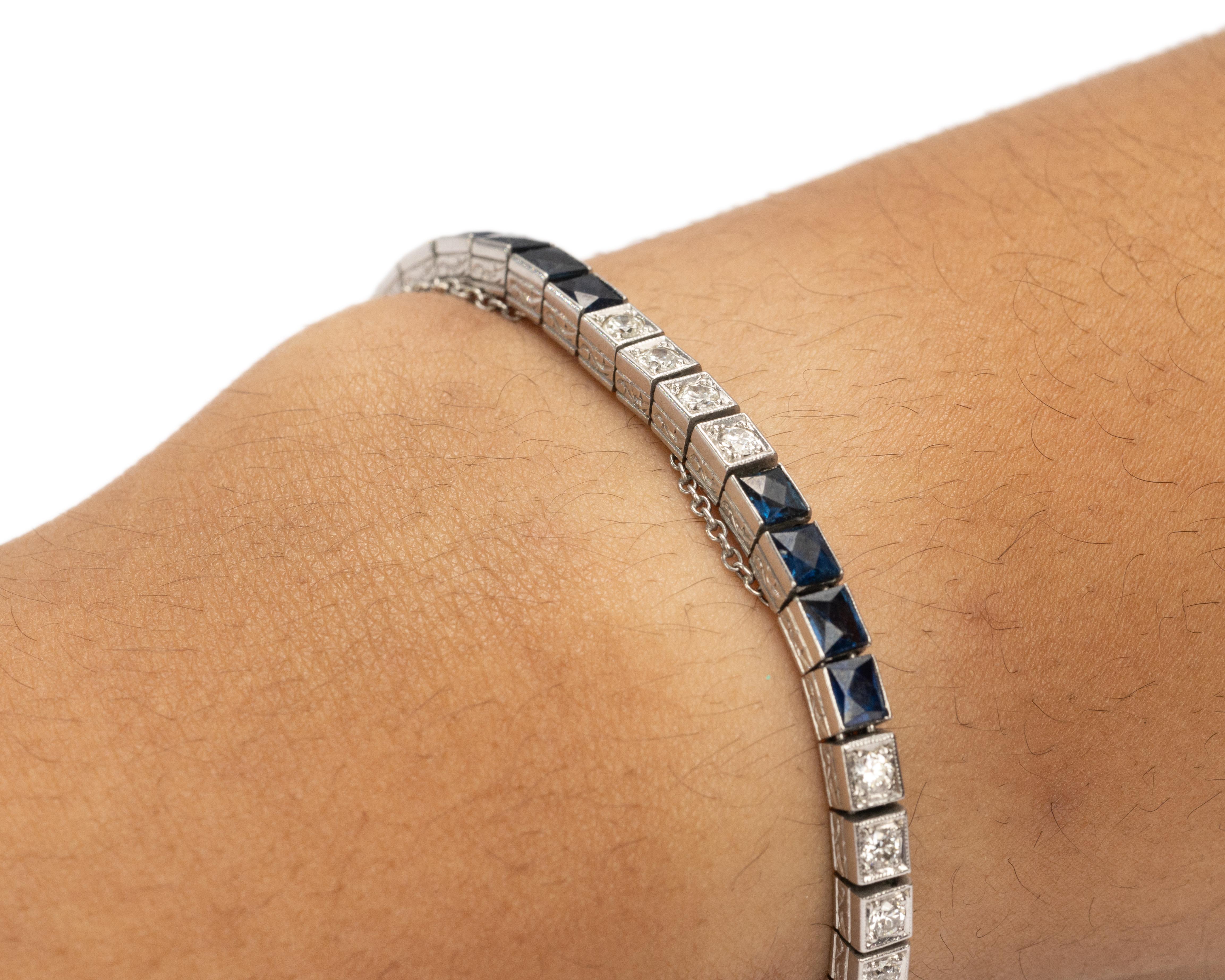 Platin Art Deco Französischer Schliff Saphir und Diamant Tennisarmband (Art déco)