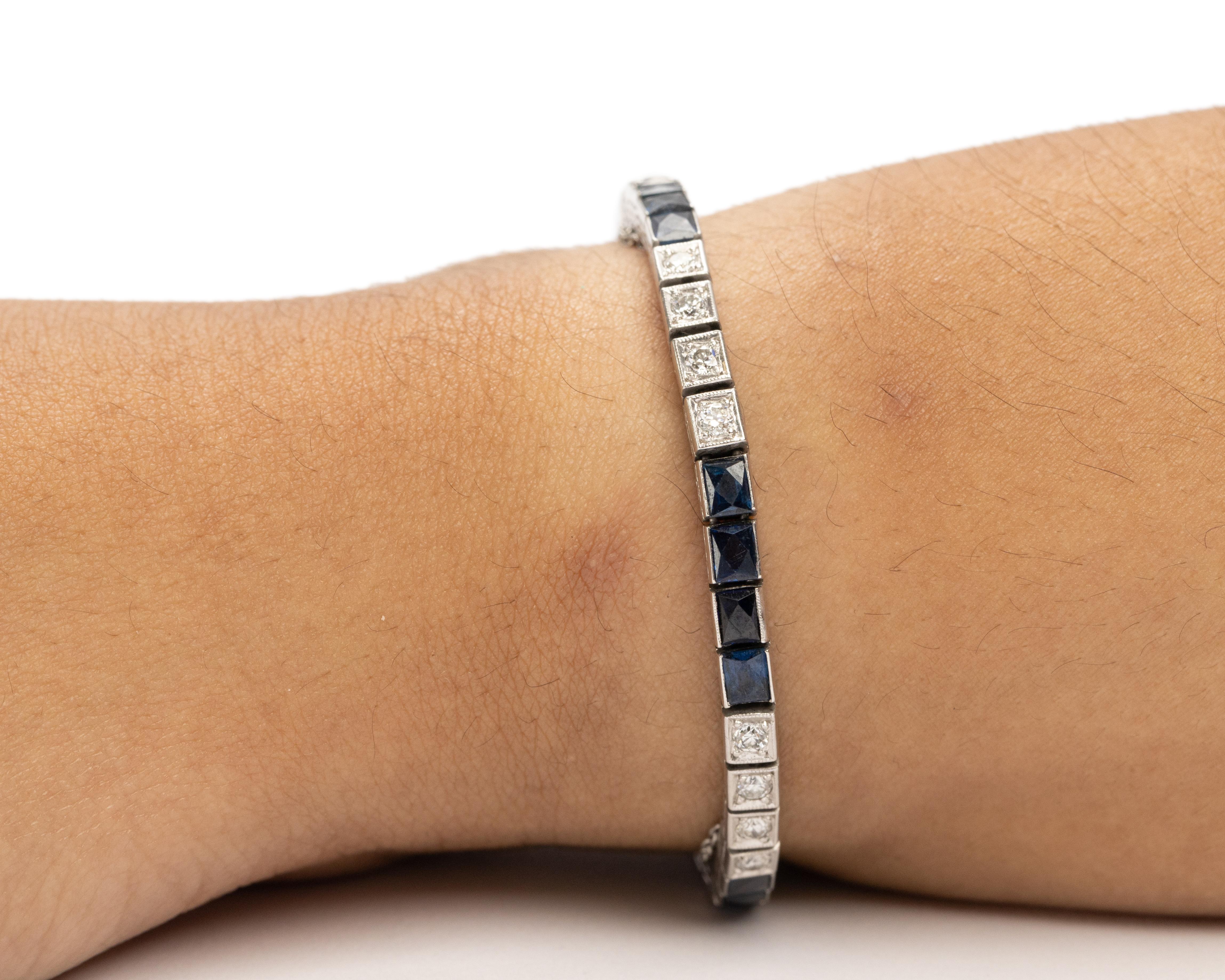 Platin Art Deco Französischer Schliff Saphir und Diamant Tennisarmband 1