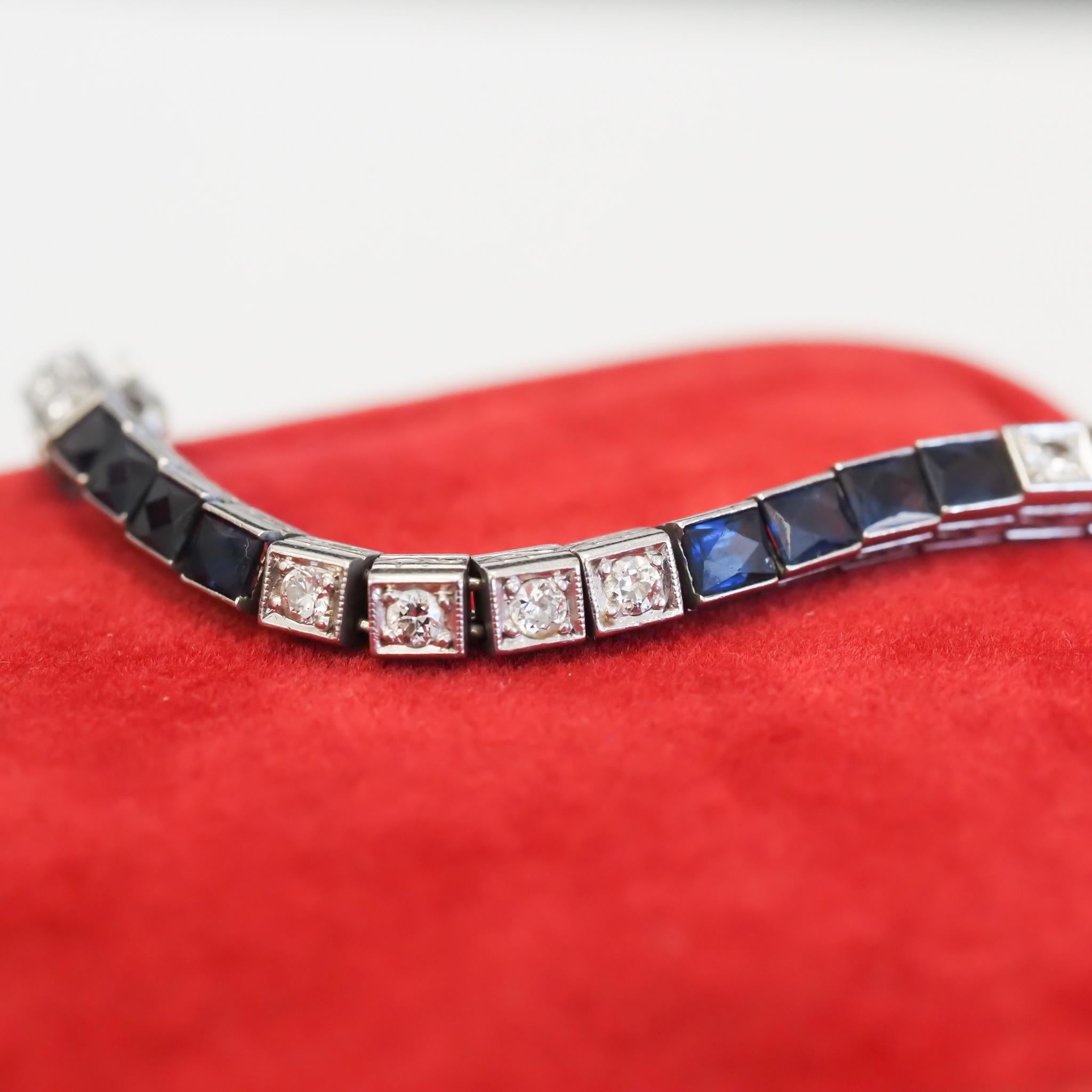Platin Art Deco Französischer Schliff Saphir und Diamant Tennisarmband 4
