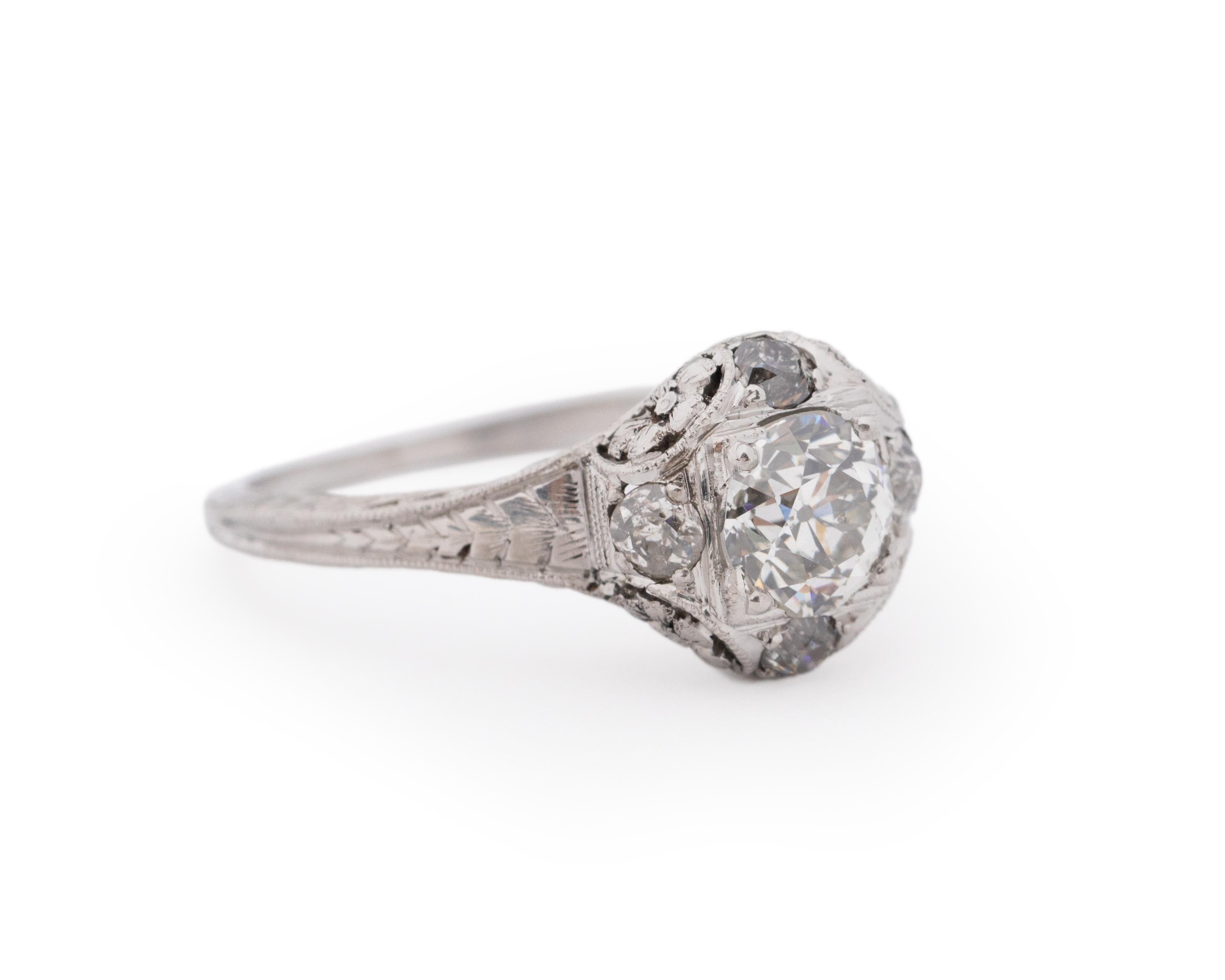 Year: 1920s

Item Details:
Ring Size: 5.25
Metal Type: Platinum [Hallmarked, and Tested]
Weight: 3.2 grams

Center Diamond Details:

GIA Report#: 2225947668
Weight: .68ct
Cut: Old European brilliant
Color: J
Clarity: SI2
Type: Natural

Side Diamond