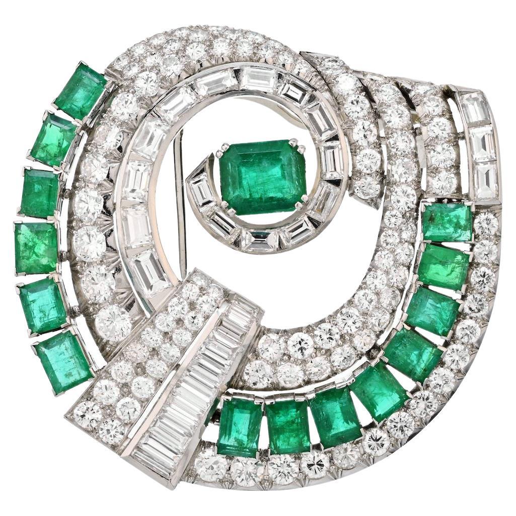 Platin Art Deco Brosche mit grünem Smaragd und Diamant 25 Karat