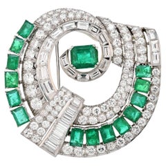 Platinum Art Deco Green Emerald And Diamond 25 Carat Brooch
