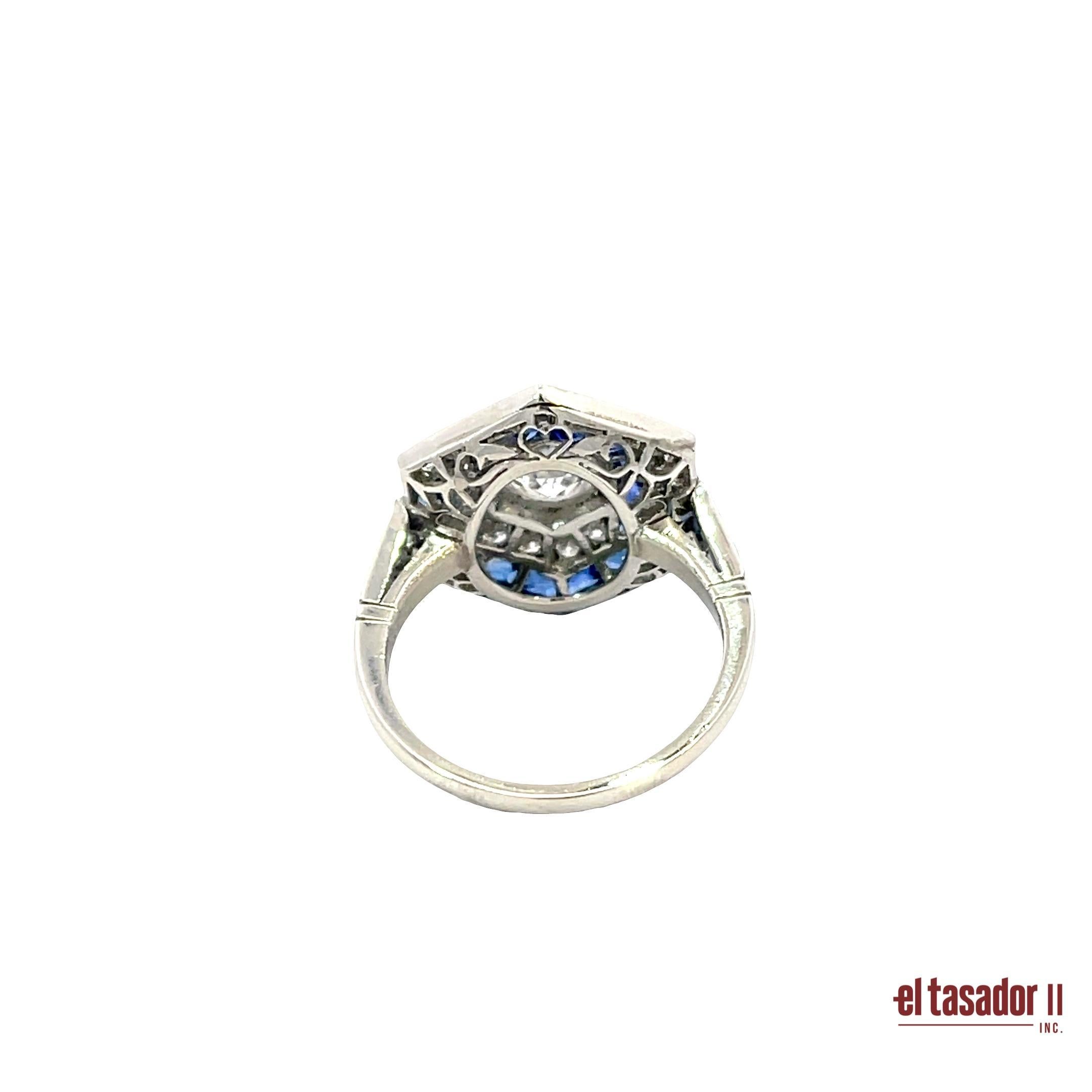 Platin Art Deco Sechseck Ring mit 0,79ct Diamant und Saphir Akzente (Art déco) im Angebot