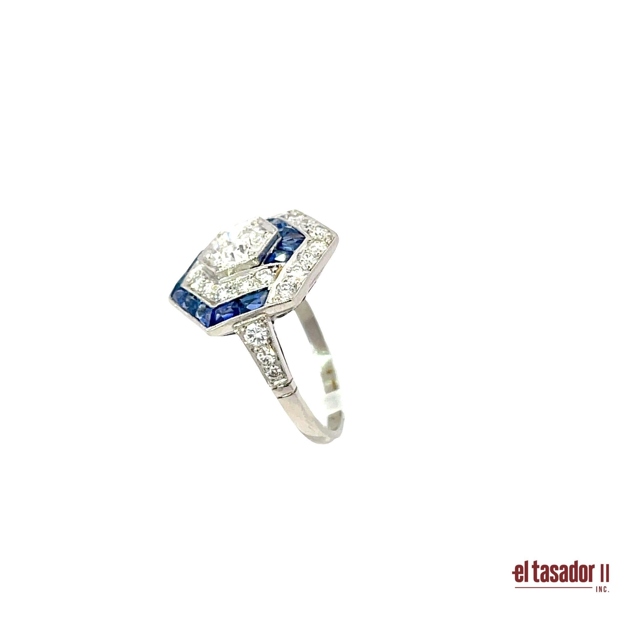 Platin Art Deco Sechseck Ring mit 0,79ct Diamant und Saphir Akzente (Brillantschliff) im Angebot
