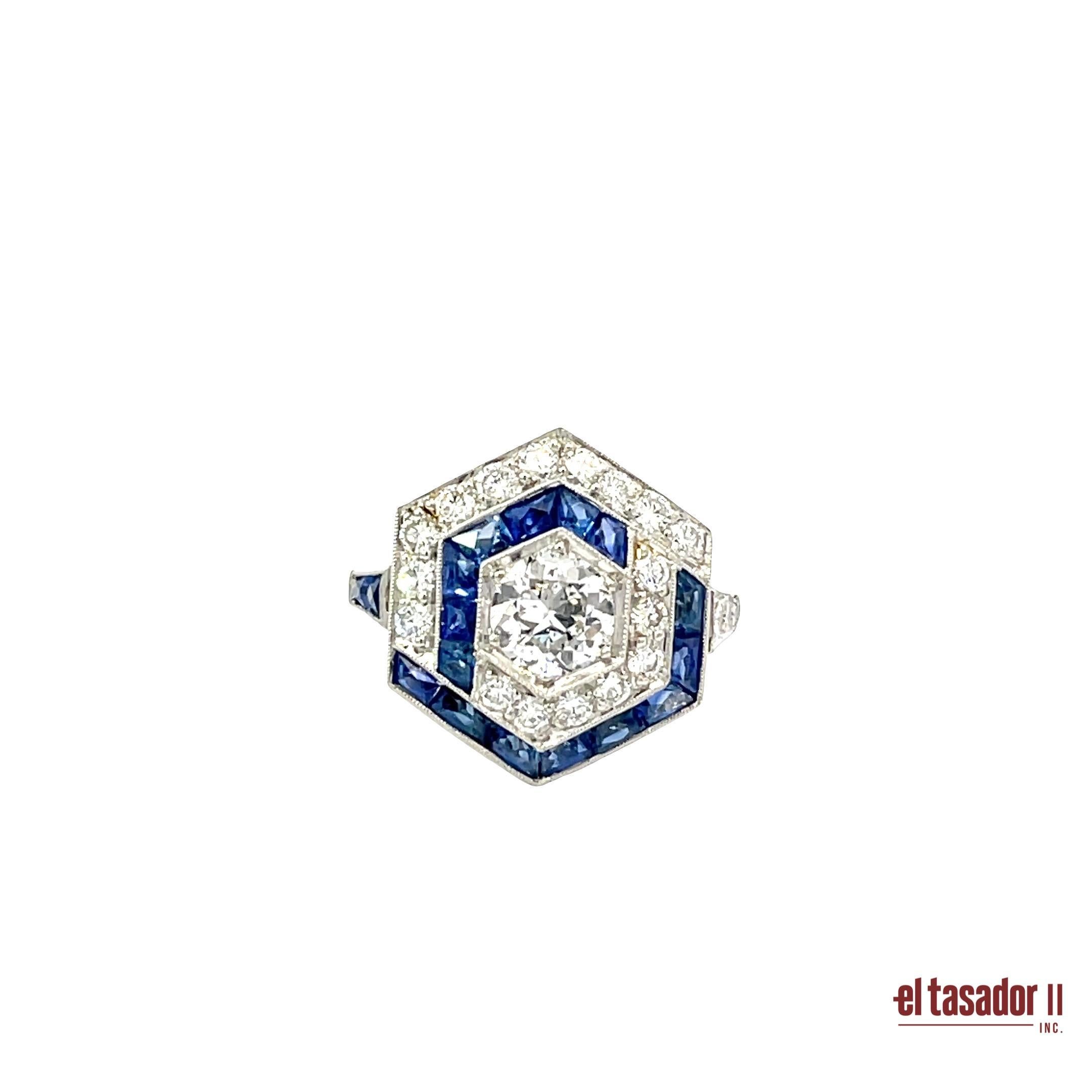 Platin Art Deco Sechseck Ring mit 0,79ct Diamant und Saphir Akzente Damen im Angebot