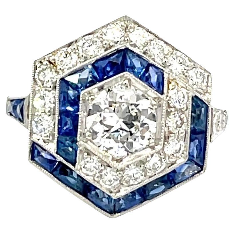 Platin Art Deco Sechseck Ring mit 0,79ct Diamant und Saphir Akzente