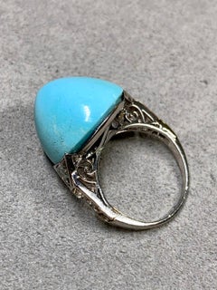 Platinum Art Deco High Top Cabochon Turquoise Trilliant French Cut Diamond Ring