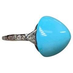 Platinum Art Deco High Top Cabochon Turquoise Trilliant French Cut Diamond Ring