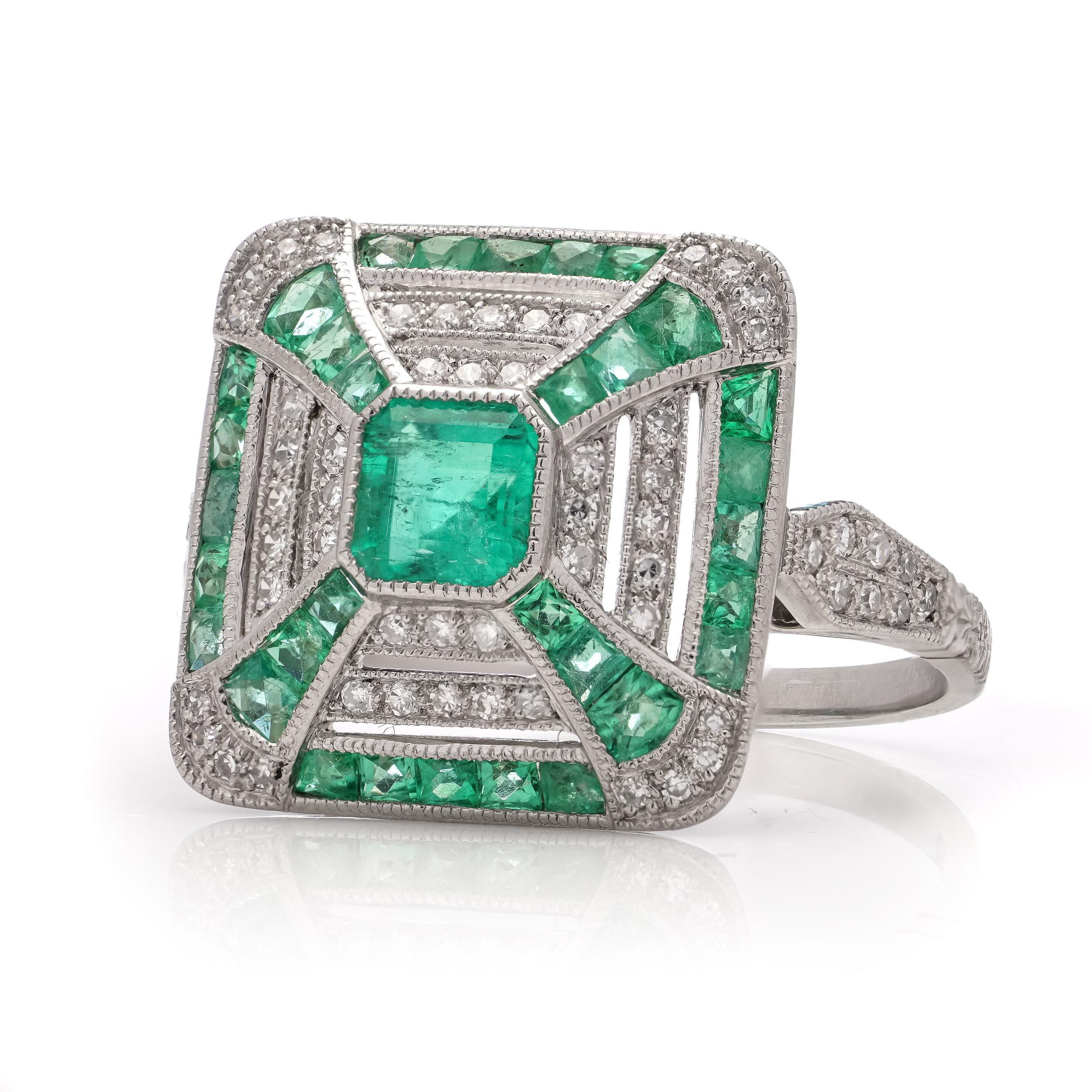 Platinum Art Deco-inspired 0.42 carats of Emerald fashion ring, surrounded by brilliant cut diamonds.

Made in After 2000
X-Ray tested positive for .850 platinum purity.

Dimensions -
Finger Size (UK) = N (EU) = 54 (US) = 7
Weight: 5.00 grams
Size:
