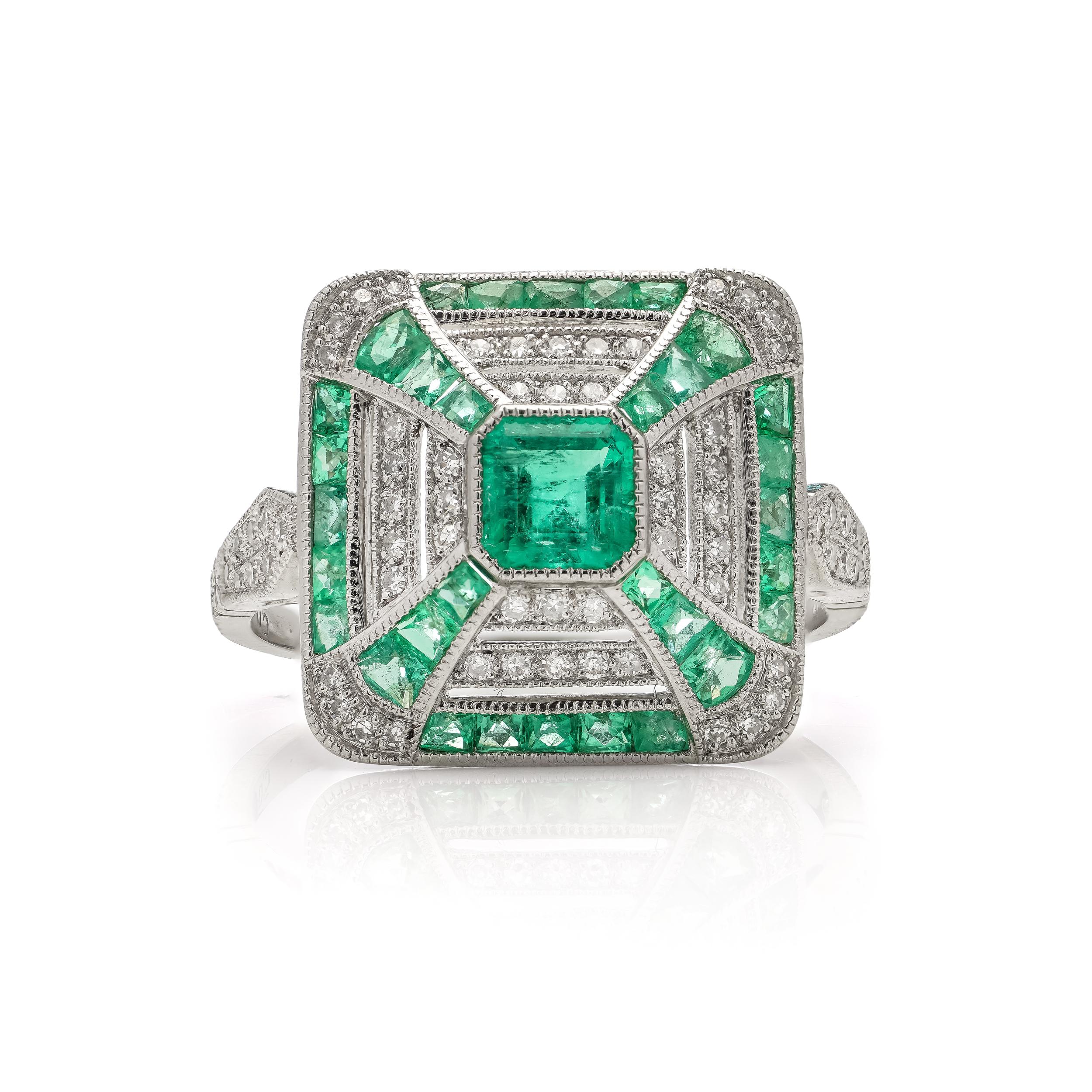 Platin Art Deco inspirierter Smaragd-Mode-Ring mit 0.42 Karat (Smaragdschliff) im Angebot