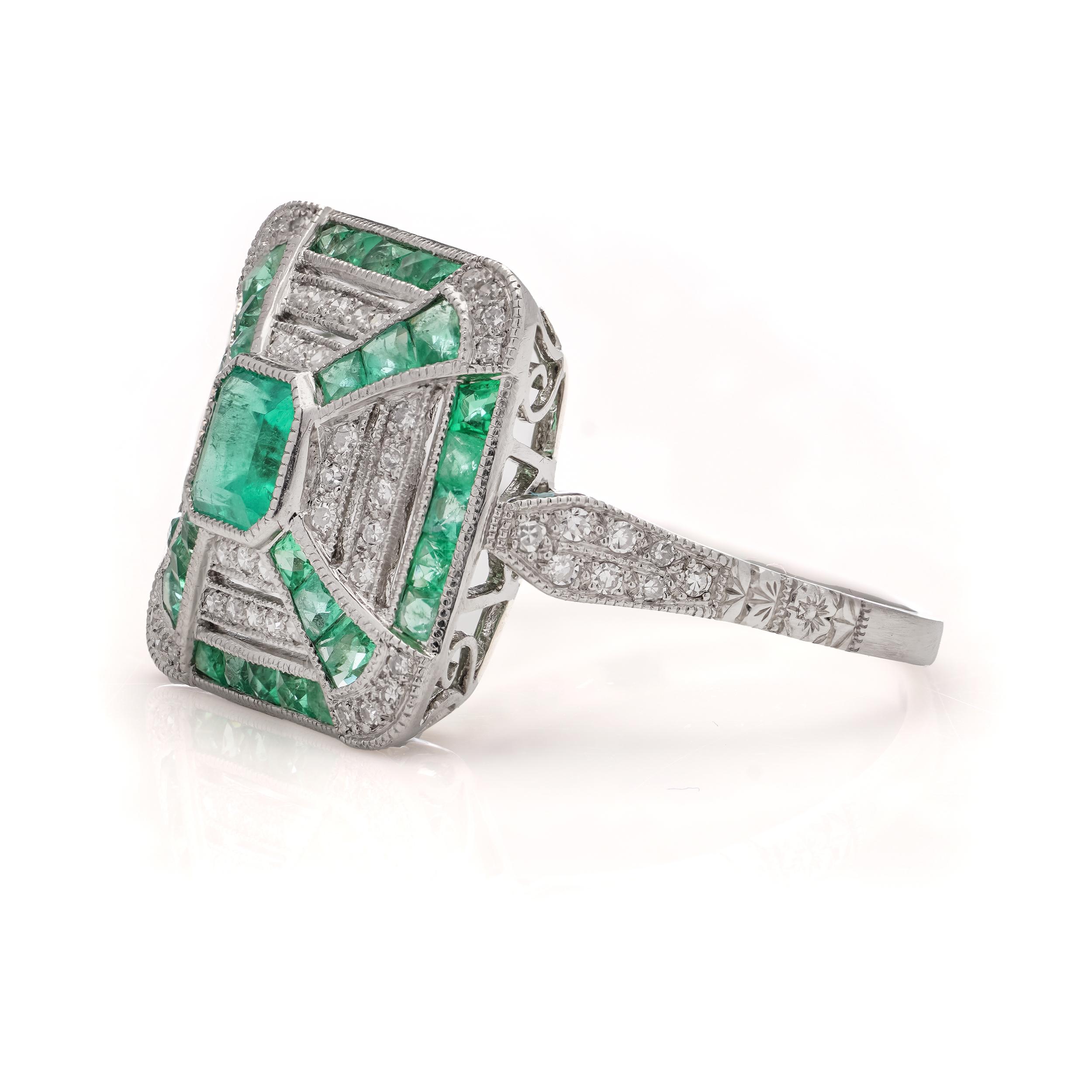 Platinum Art Deco-inspired 0.42 carats of Emerald fashion ring For Sale 1