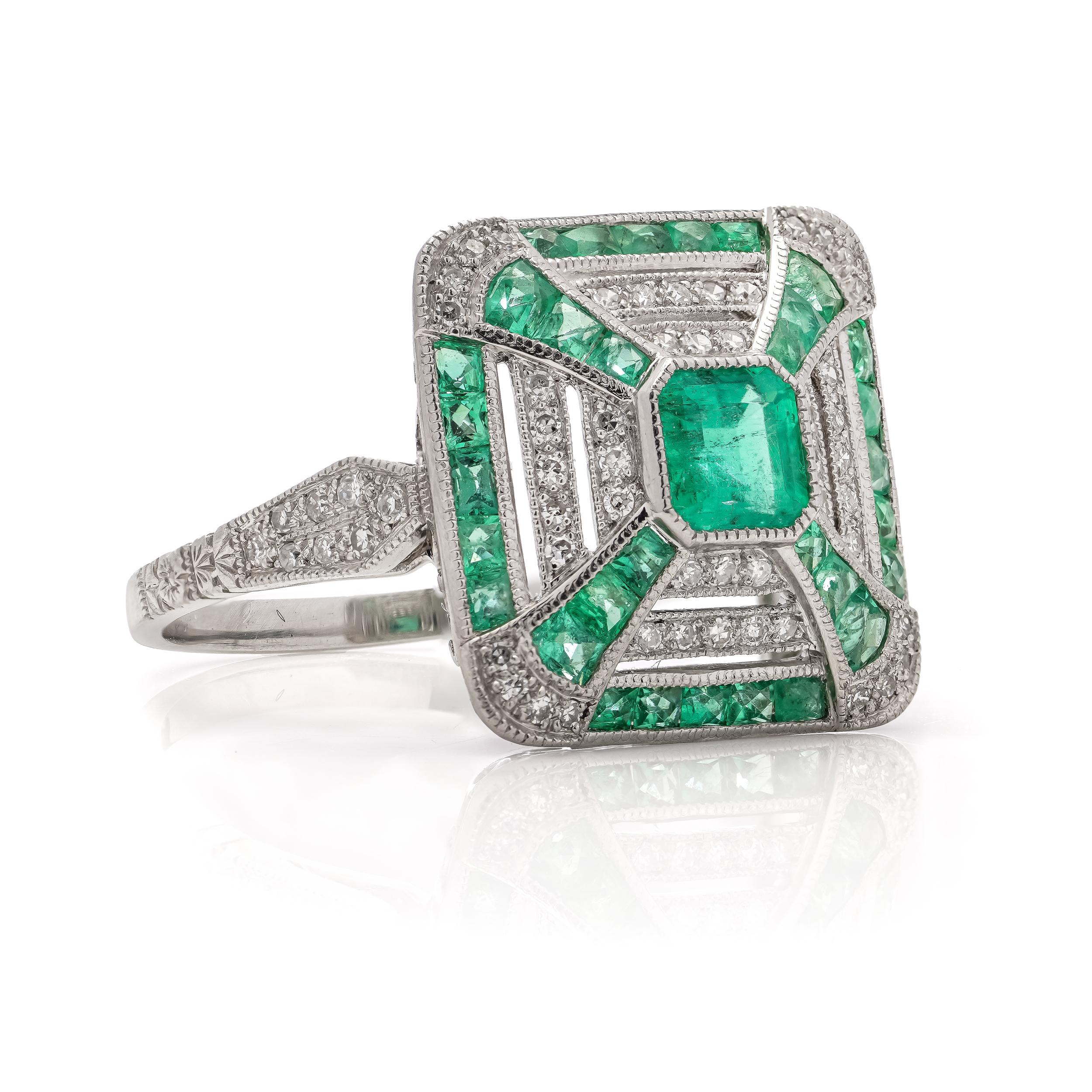 Platinum Art Deco-inspired 0.42 carats of Emerald fashion ring For Sale 4