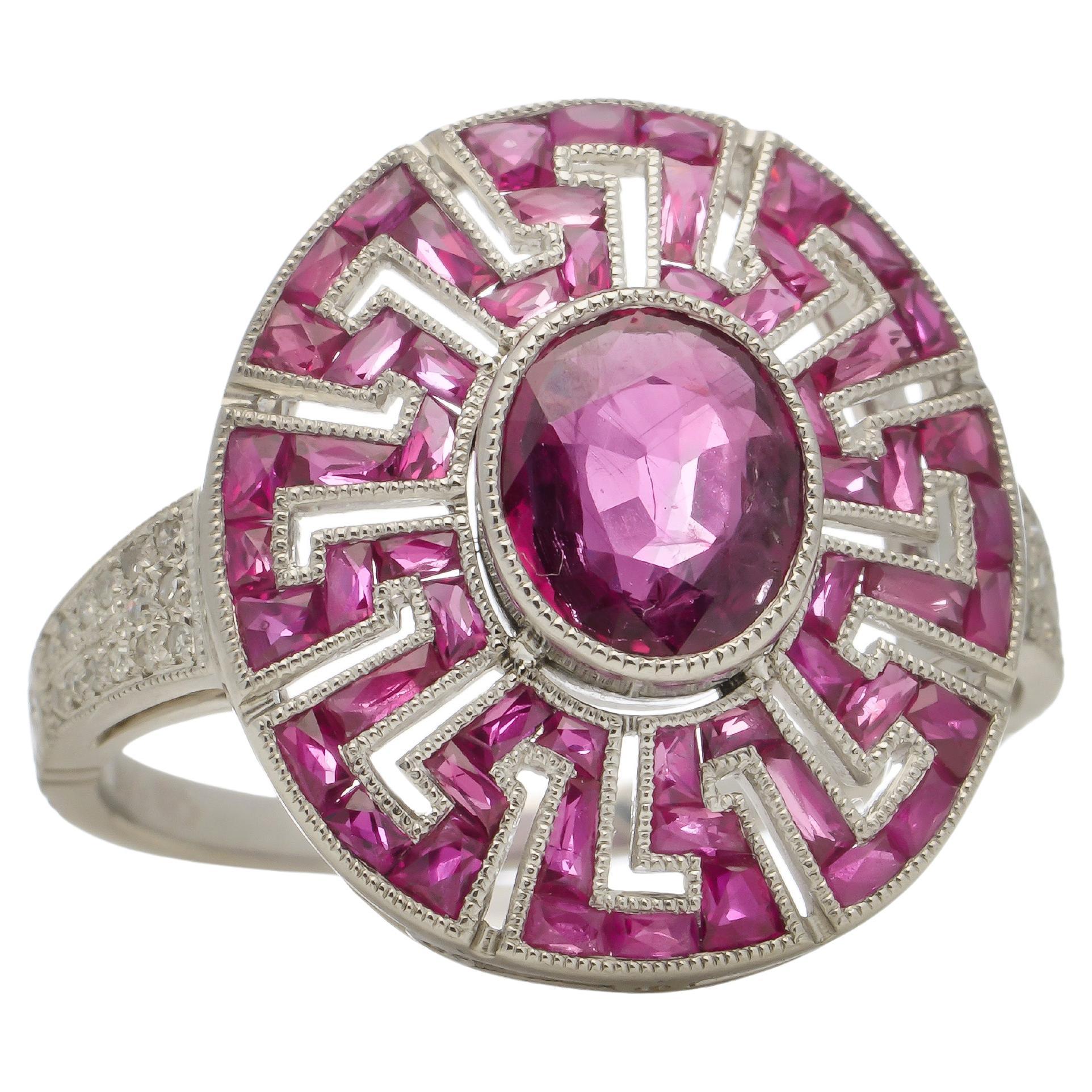 Platinum Art Deco-inspired 0.92 carats Oval ruby cluster ring For Sale