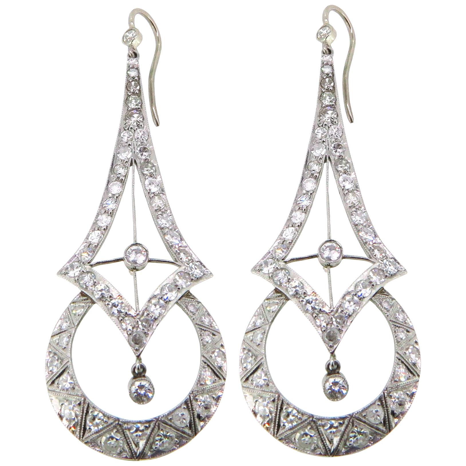 Platinum Art Deco Inspired 3.50 Carat Diamond Earrings For Sale