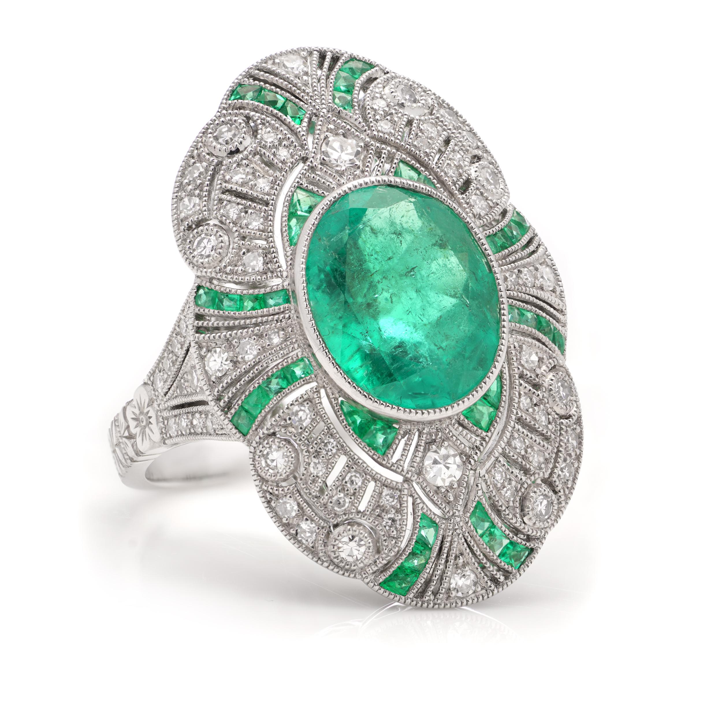 Platinum Art Deco-inspired 3.62 carats of Emerald fashion ring For Sale 5