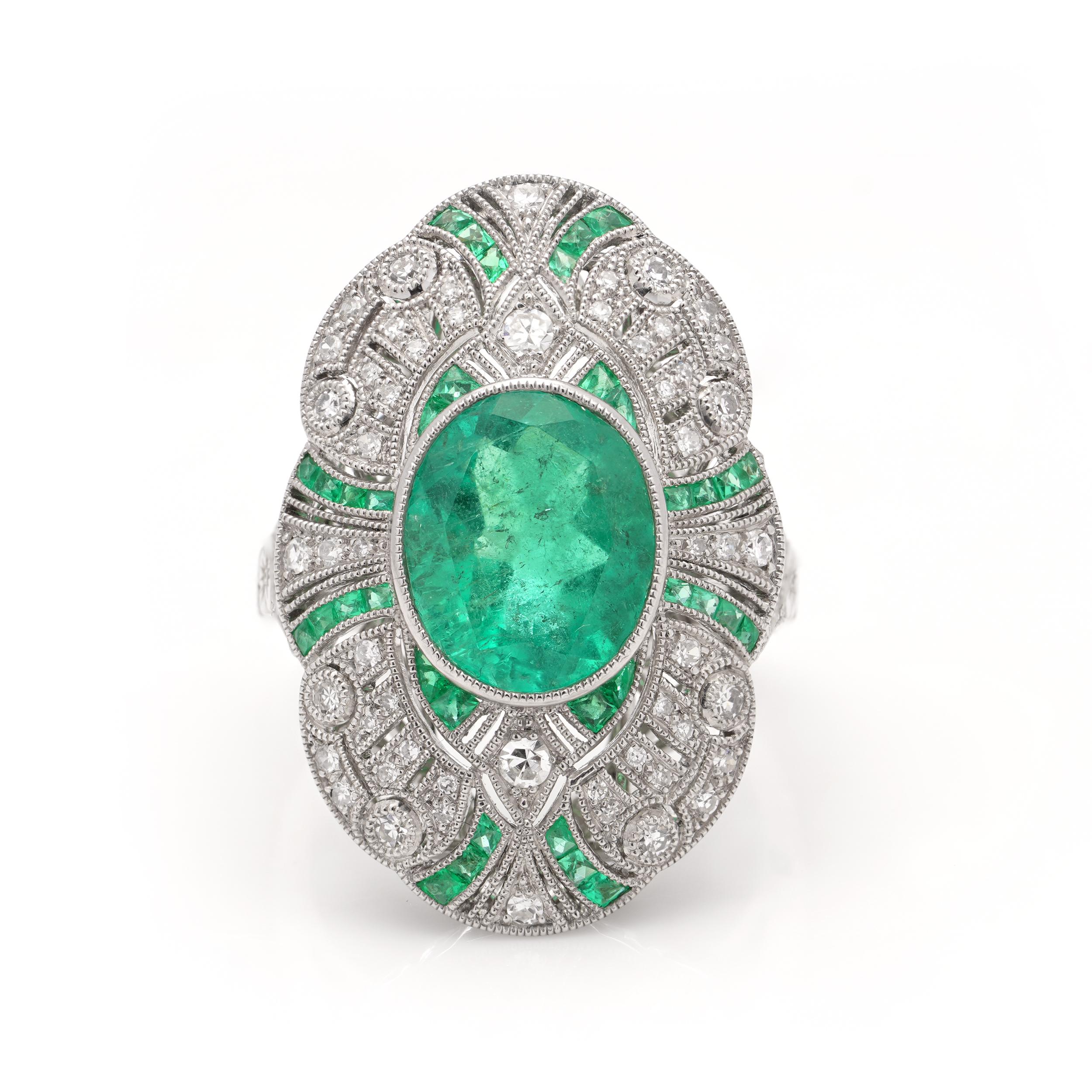 Platinum Art Deco-inspired 3.62  carats of Emerald fashion ring, surrounded by brilliant cut diamonds.

Made in After 2000
The ring tested positive for .850 platinum purity. 

Dimensions - 
Ring Size (UK) = O (EU) = 55.6  (US) = 7.5 
Weight: 12