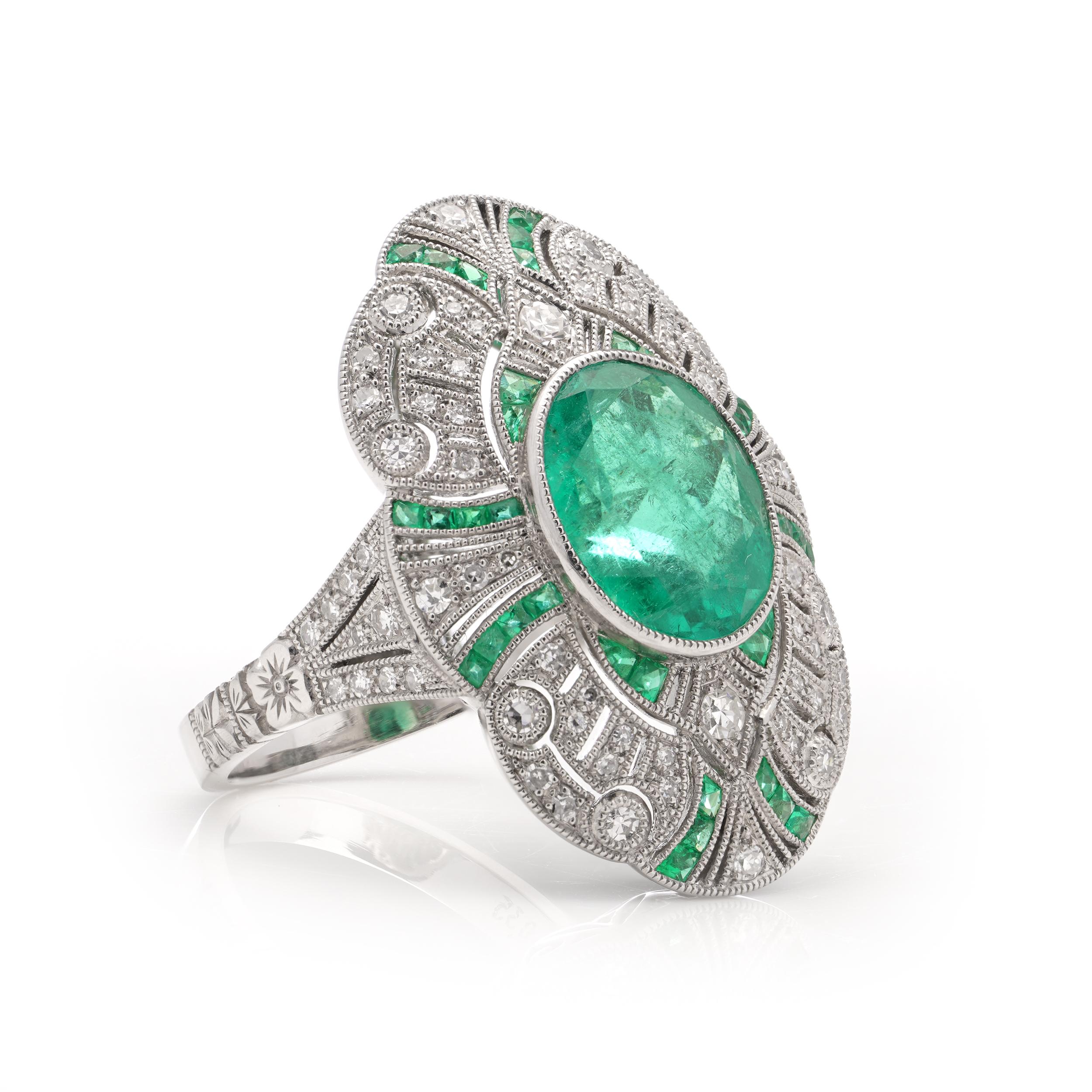 Oval Cut Platinum Art Deco-inspired 3.62 carats of Emerald fashion ring For Sale