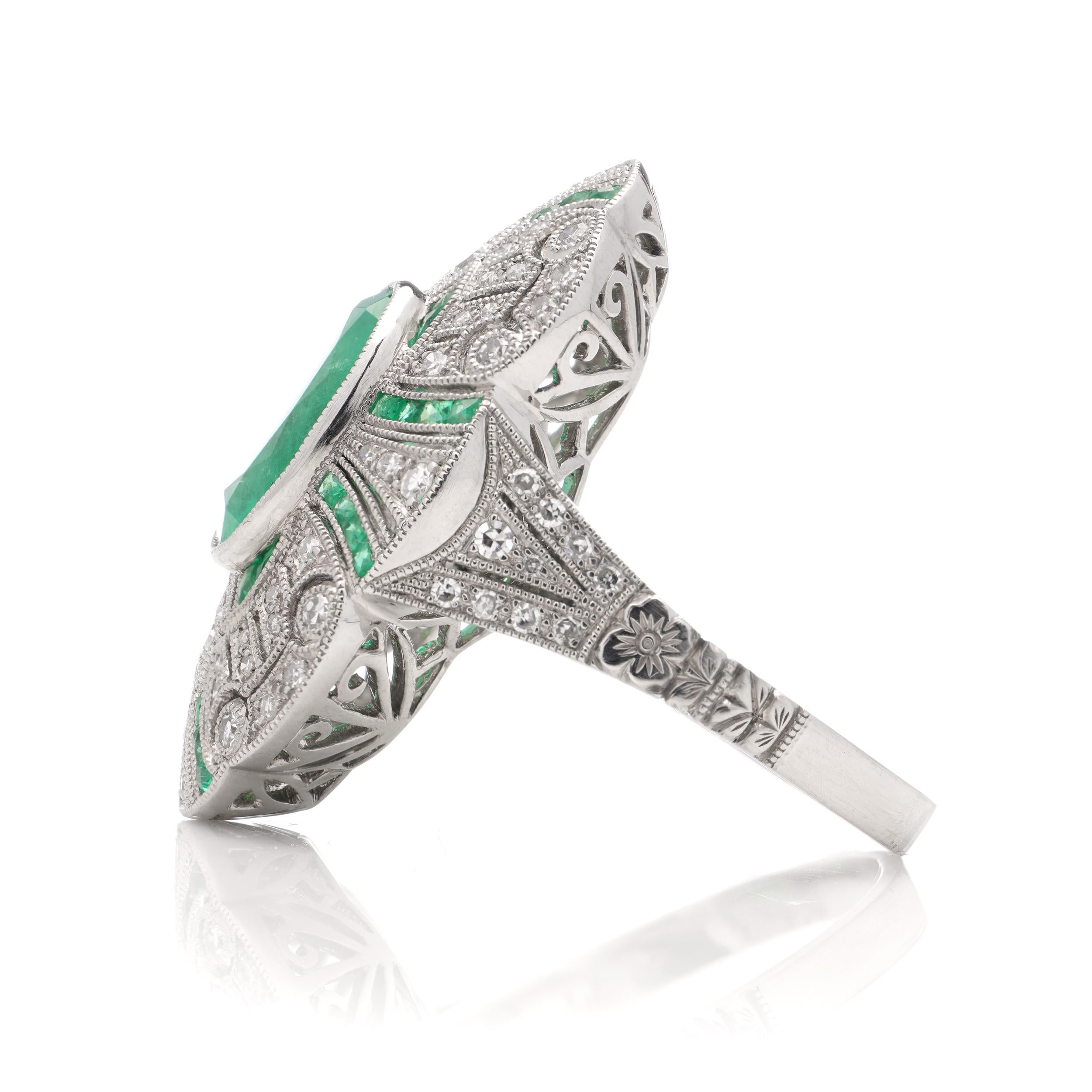 Platinum Art Deco-inspired 3.62 carats of Emerald fashion ring For Sale 1