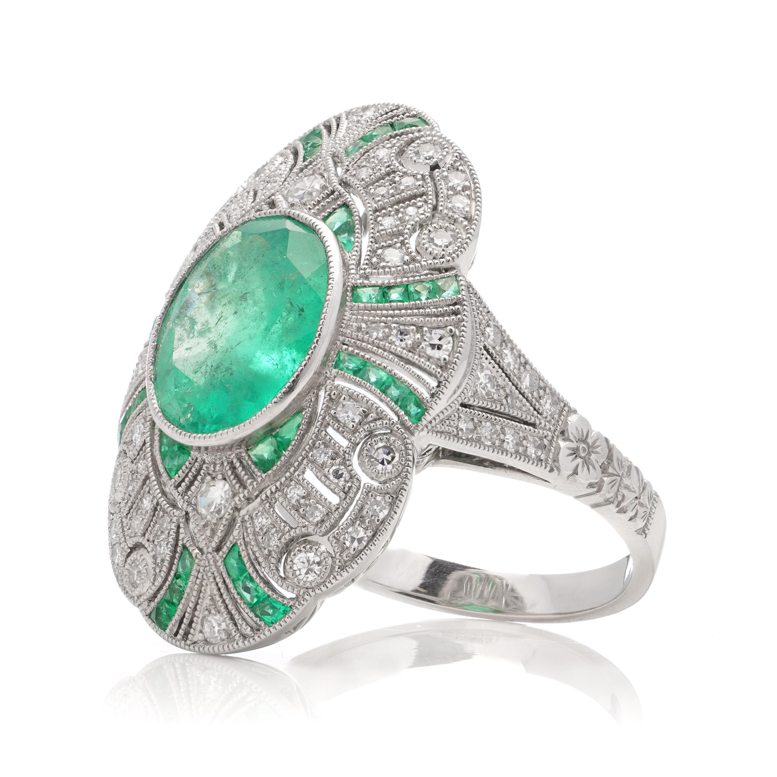 Platinum Art Deco-inspired 3.62 carats of Emerald fashion ring For Sale 2