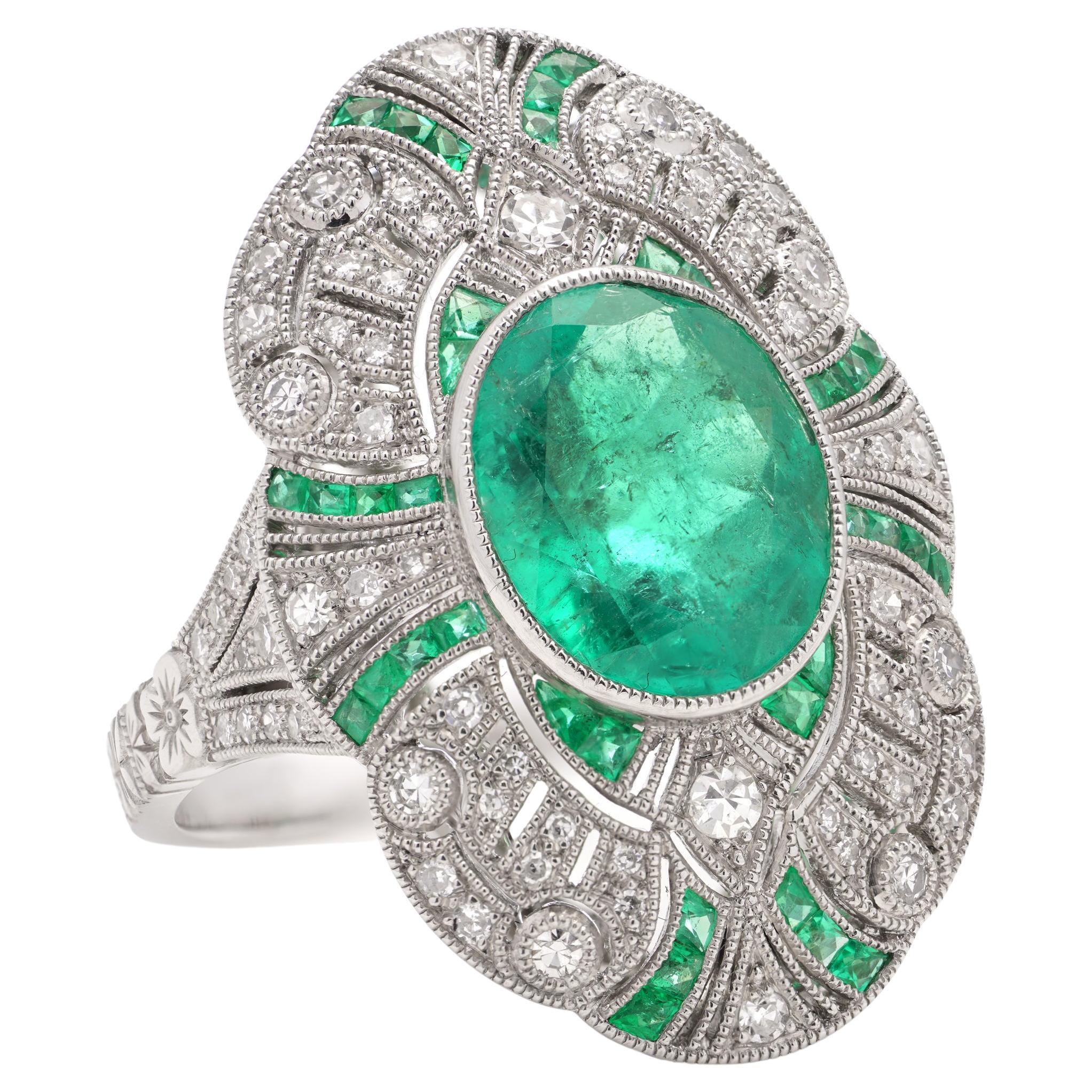Platinum Art Deco-inspired 3.62 carats of Emerald fashion ring For Sale