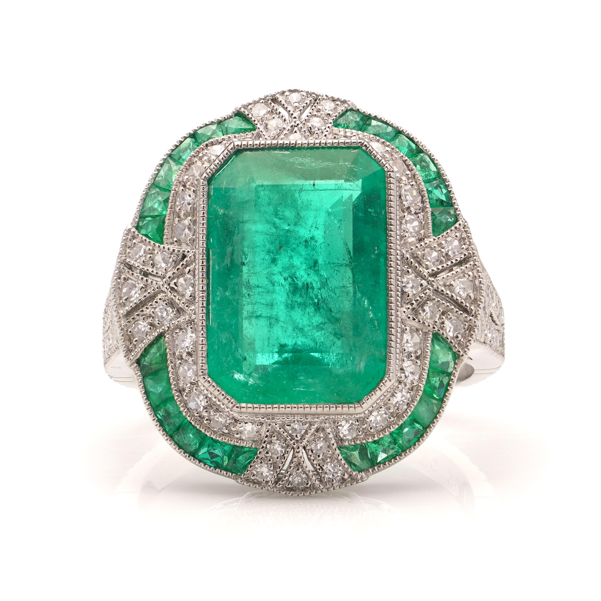 Platinum Art Deco-inspired 4.21 carats of Emerald fashion ring For Sale 4