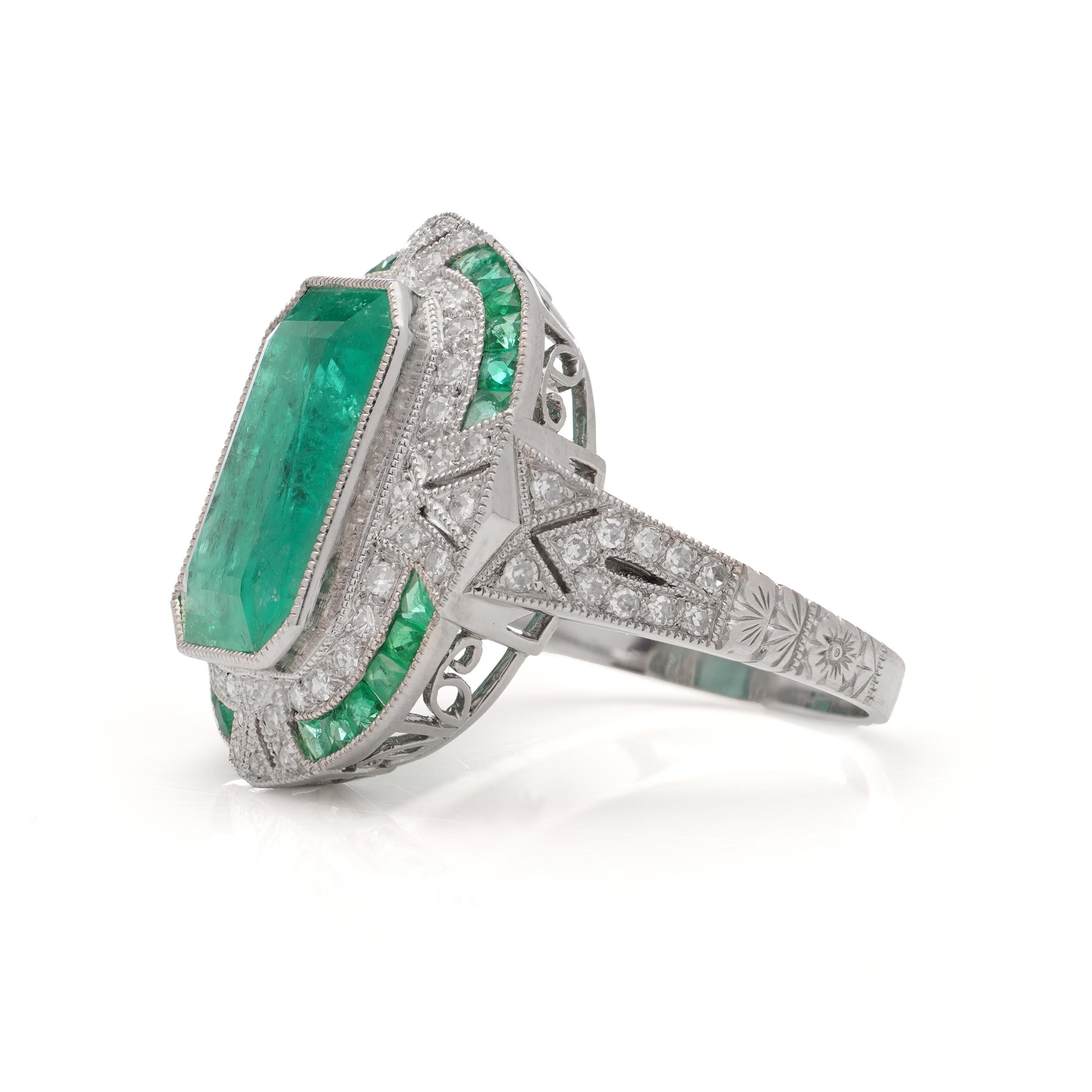 Emerald Cut Platinum Art Deco-inspired 4.21 carats of Emerald fashion ring For Sale