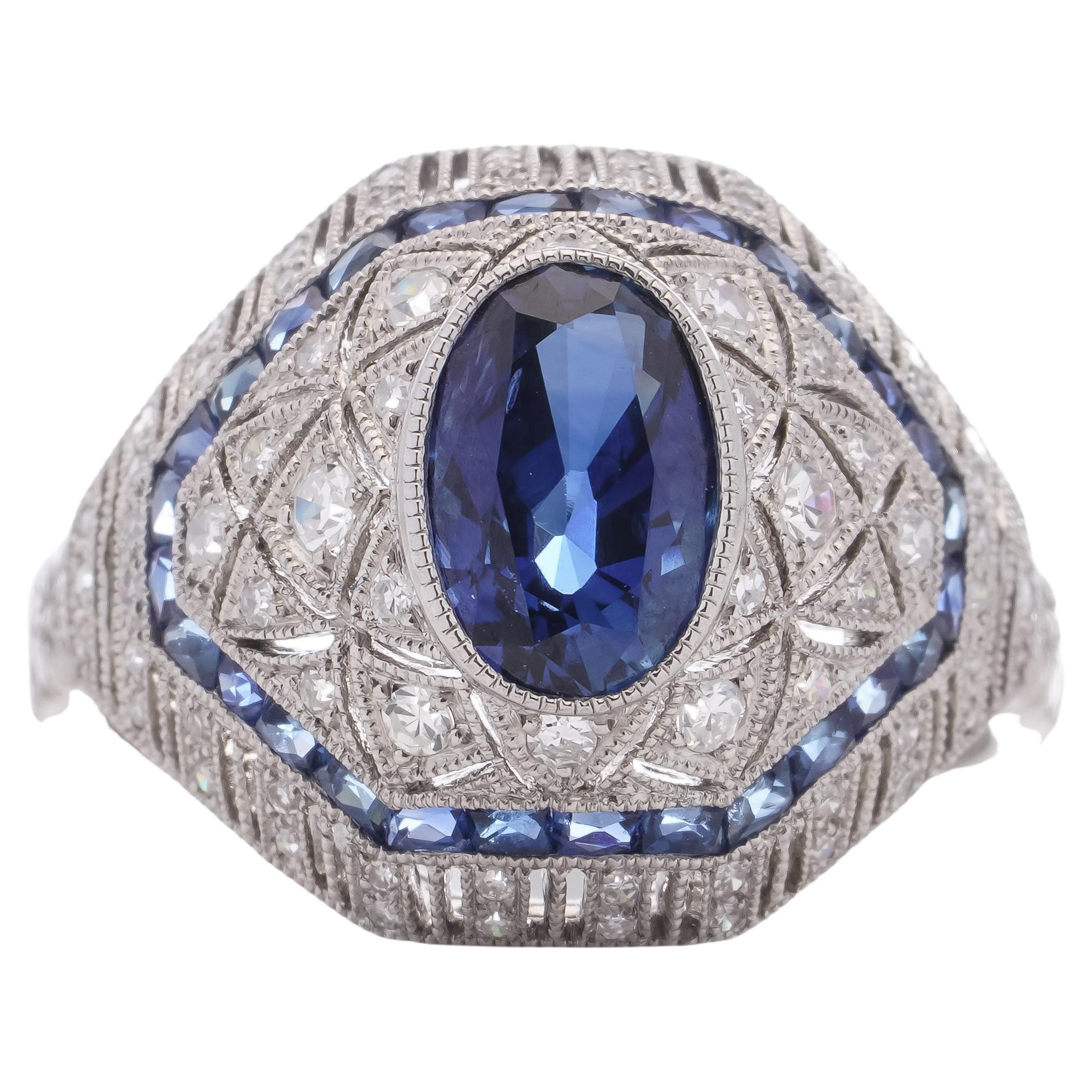 Art Deco Inspired Diamond Sapphire Platinum Ring For Sale at 1stDibs