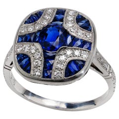 Platinum Art Deco Inspired Blue Sapphire & Diamond Ring