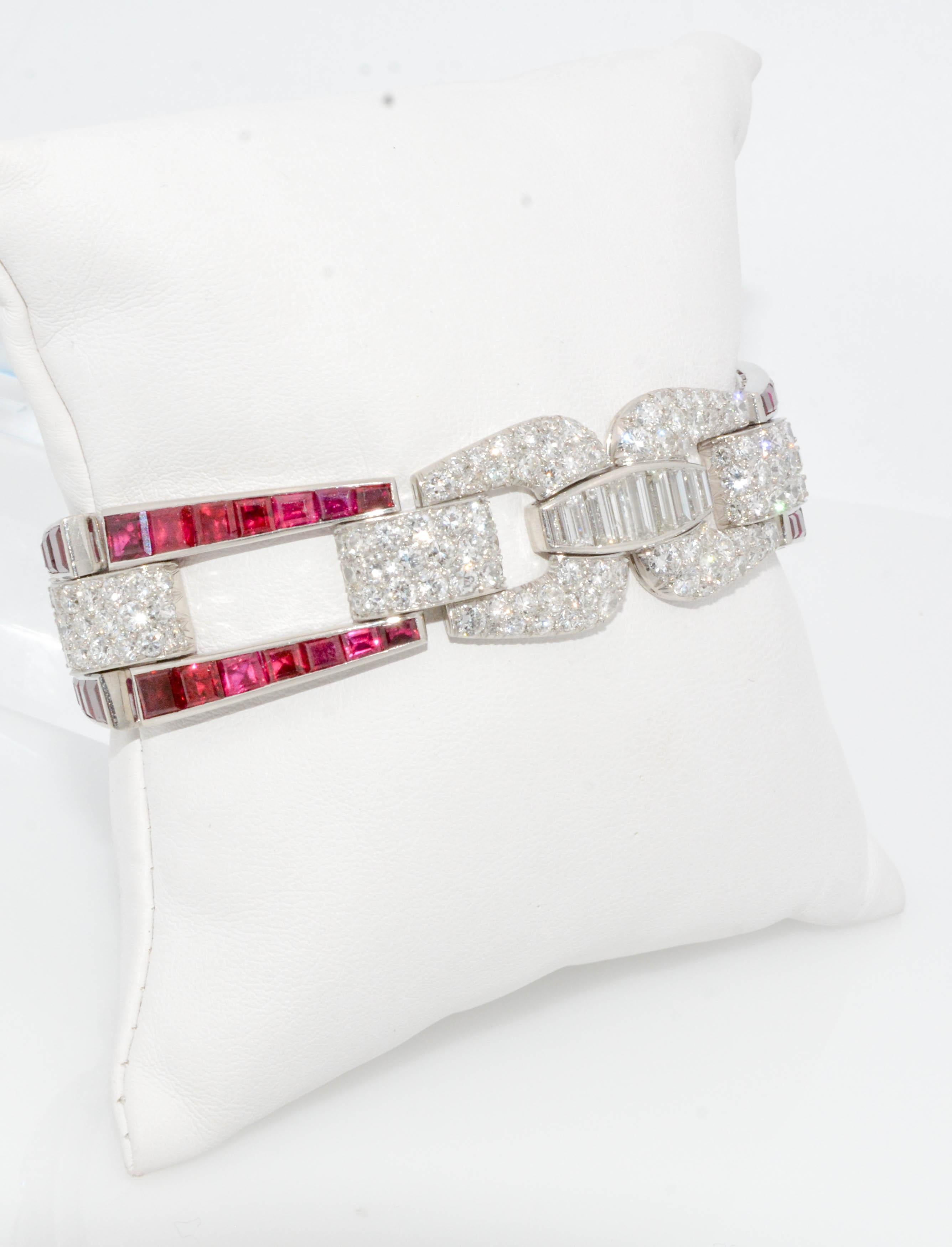 Modern Platinum Art Deco Inspired Burma Ruby and Diamond Buckle Link Bracelet