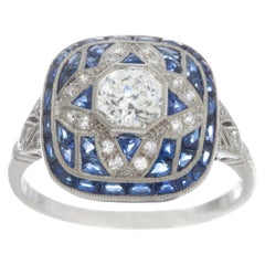 Platinum Art Deco Inspired Diamond and Blue Sapphire Ring