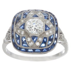 Platinring mit Diamant und blauem Saphir:: inspiriert vom Art Deco