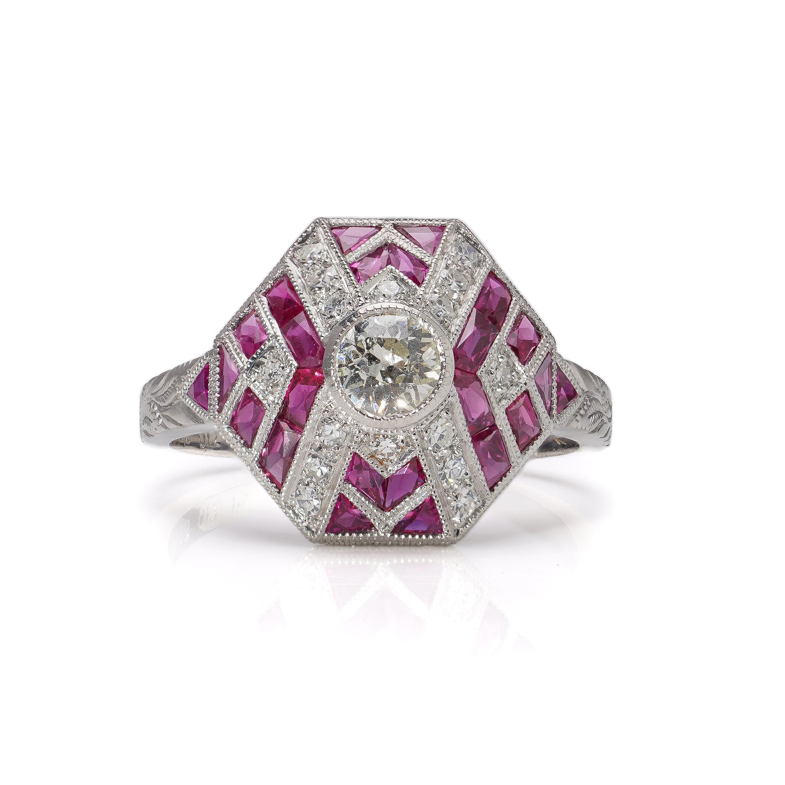 Platinum Art Deco-Inspired Diamond and Ruby Ring For Sale 5