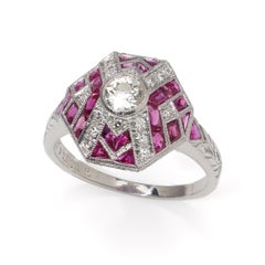 Platinum Art Deco-Inspired Diamond and Ruby Ring